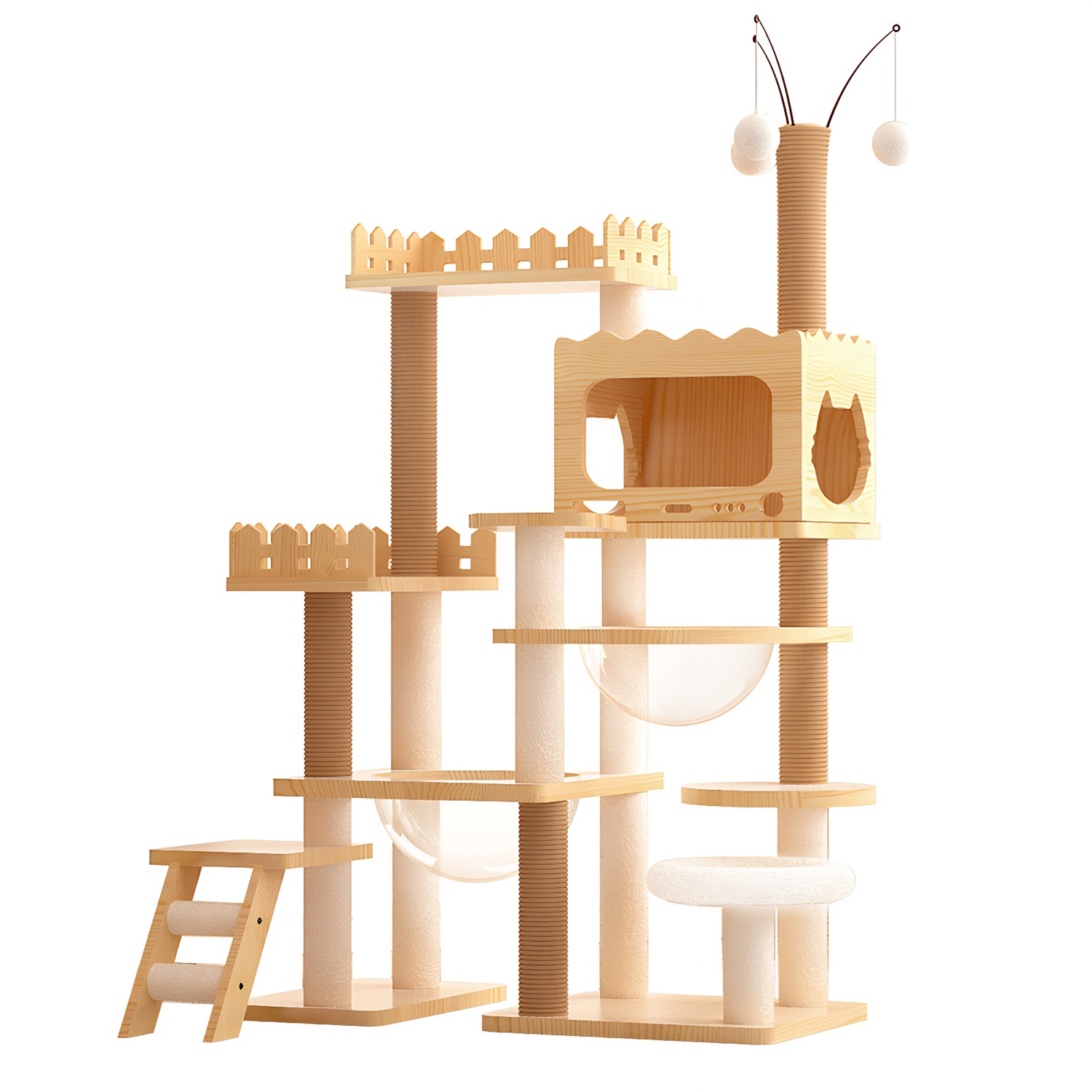 66.9" Modern Cat Tree Tower Wooden Cat Condo with 1 Cat House 2 Acrylic Capsule Sisal Scratching Posts Soft Bed Hanging Toys Multi-Level 33LBS Max Loa