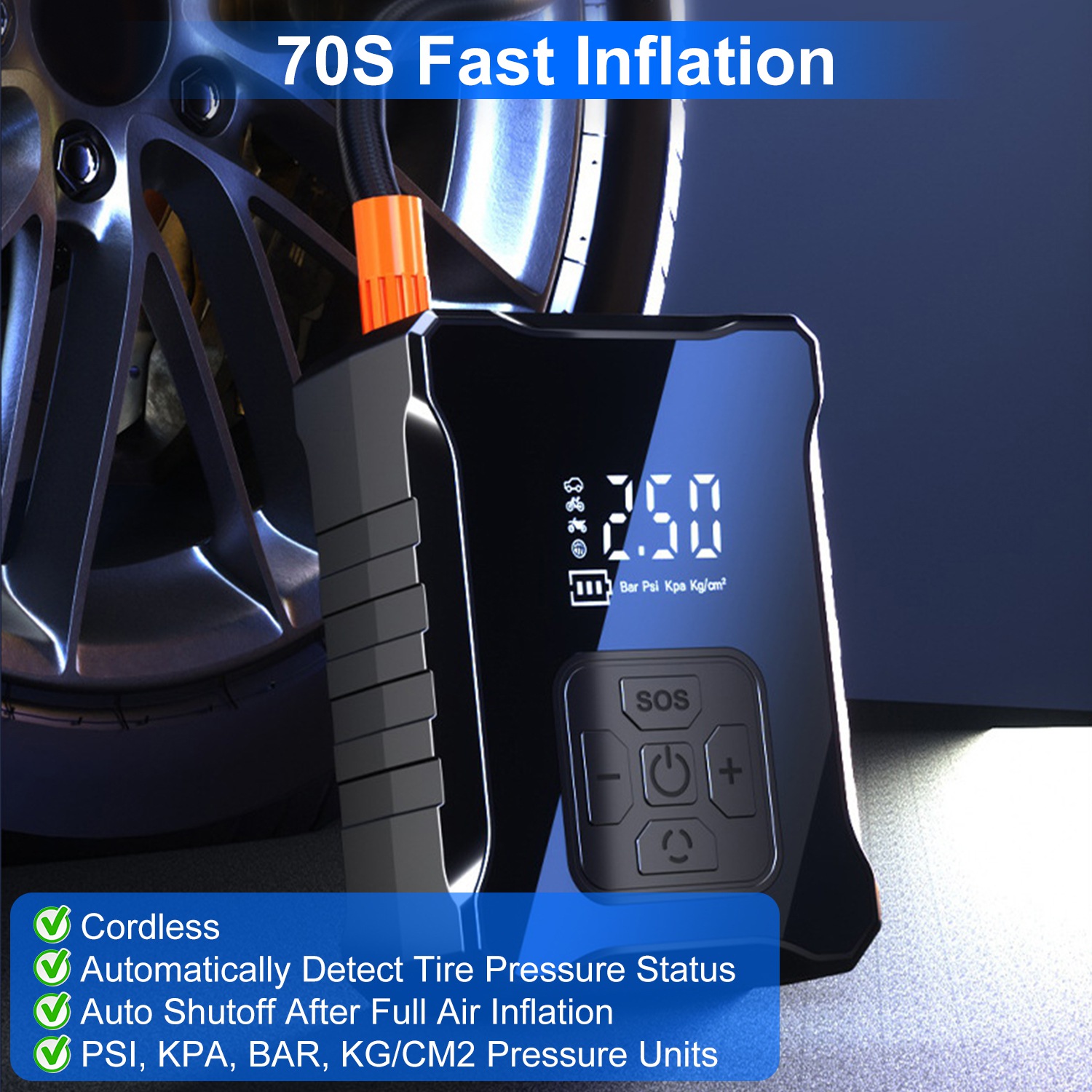 150PSI Cordless Tire Inflator with Car Charger Digital Air Compressor with LED Light Emergency Power Bank for Cars Motorcycles Bicycles Balls - Image 10