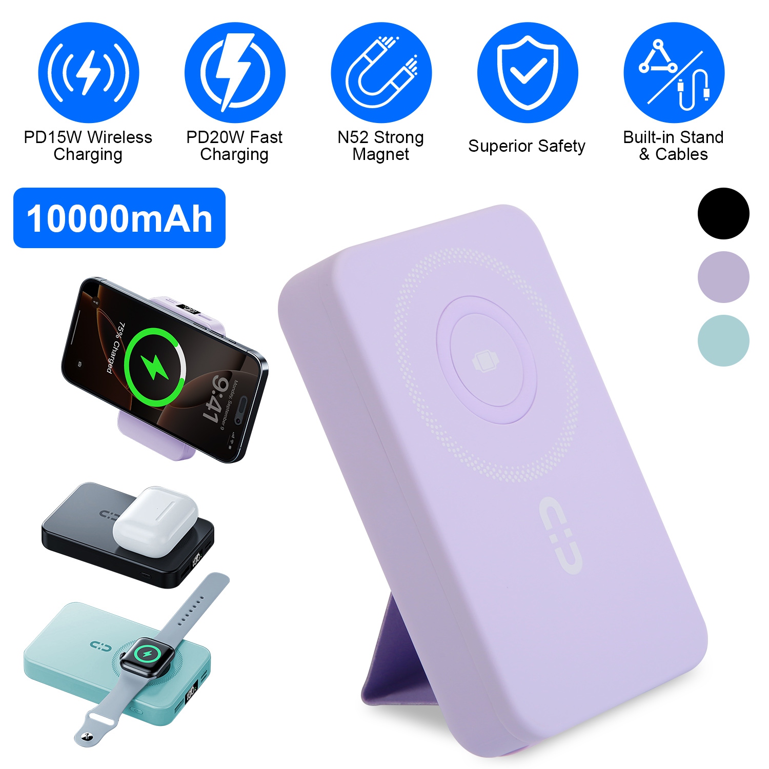3 In 1 10000mAh MagSafe Fast Charging Power Bank PD20W Portable Charger with 2 Built In Cables Stand Fit for IOS Phone 16 15 13 Series And More - Image 6