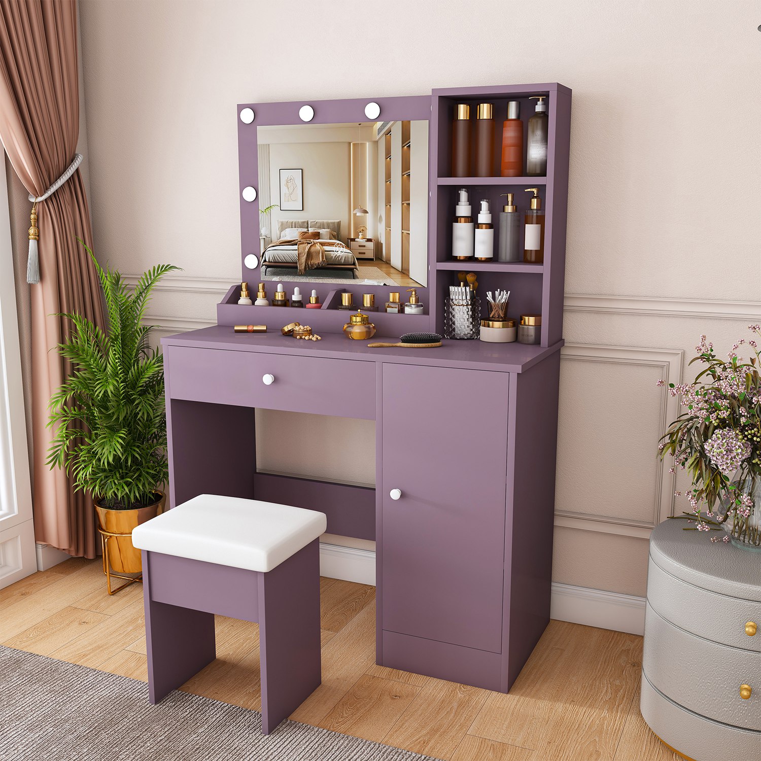 Purple Vanity Desk Set with Lighted Mirror & Padded Stool, Modern Makeup Vanity with 3 Color Modes & Round Bulbs, Bedroom Dressing Table Combo - Image 5