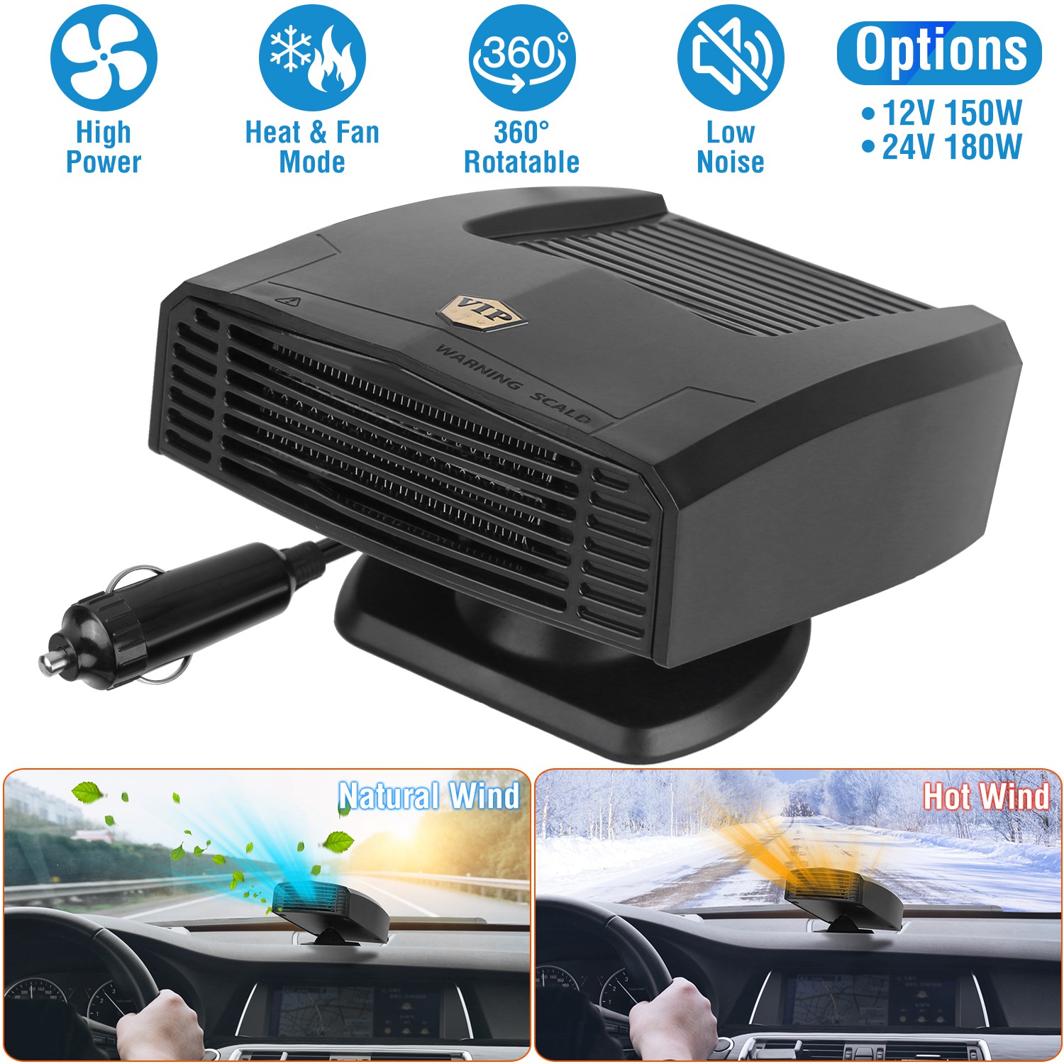 12V 150W Portable Car Heater Heating Fan 2 in 1 Defroster Defogger Demister Windshield Heater Automotive Cooling Fan with 360°Rotating Base - Image 2