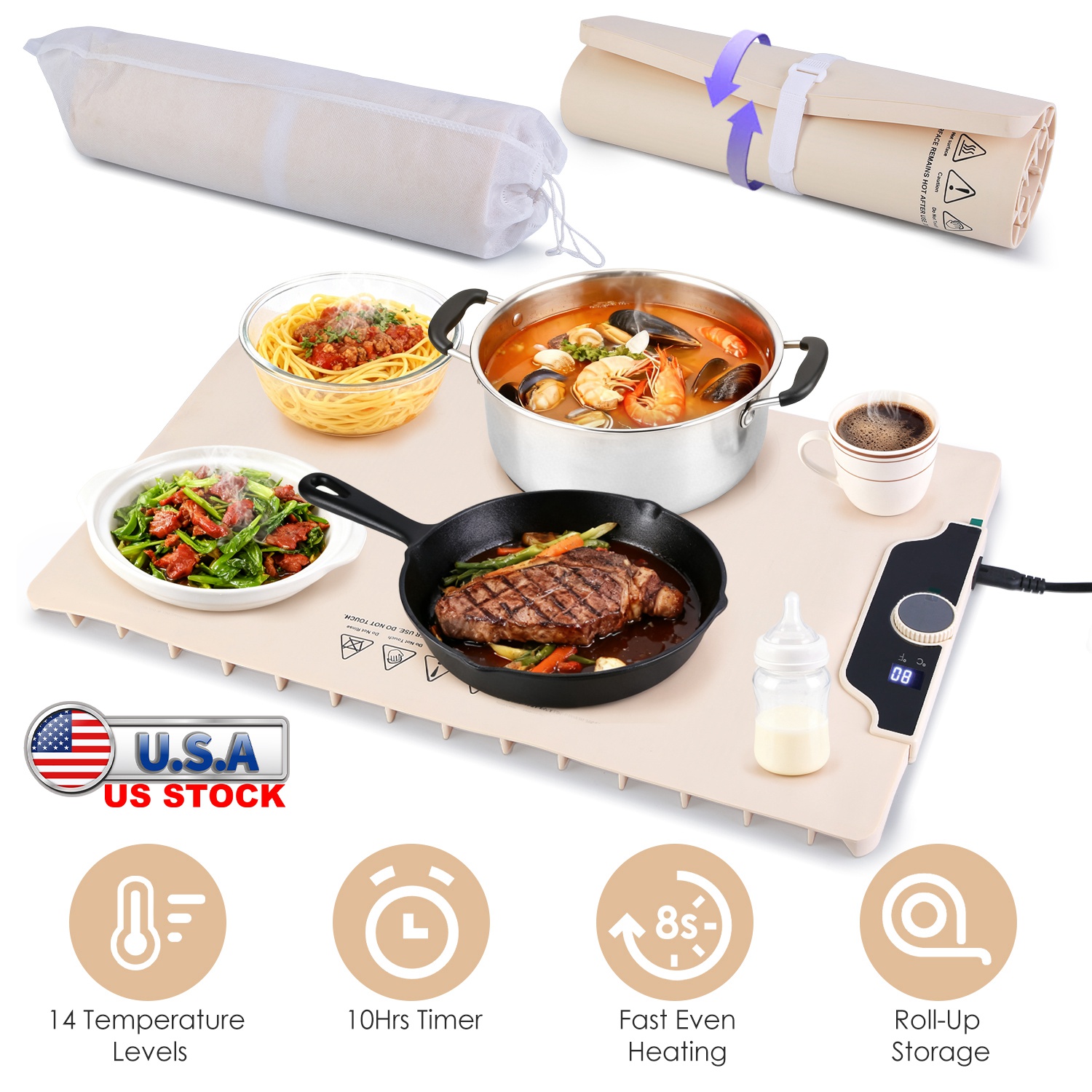 Food Warming Mat 23.6X15.8In 300W Fast Heating Electric Silicone Food Warmer With 14 Temp Levels 10Hrs Timer Settings Roll-Up Portable Hot Plates Heat - Image 3
