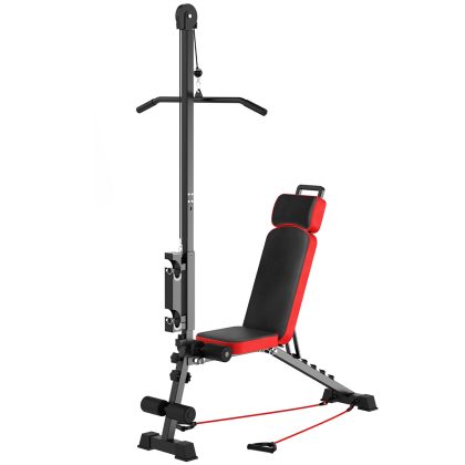 12-in-1 Multi-Functional Weight Bench with Pulley System and Resistance Cords, Adjustable Backrest Headrest Lat Pulldown Workout Bench with Leg Suppor