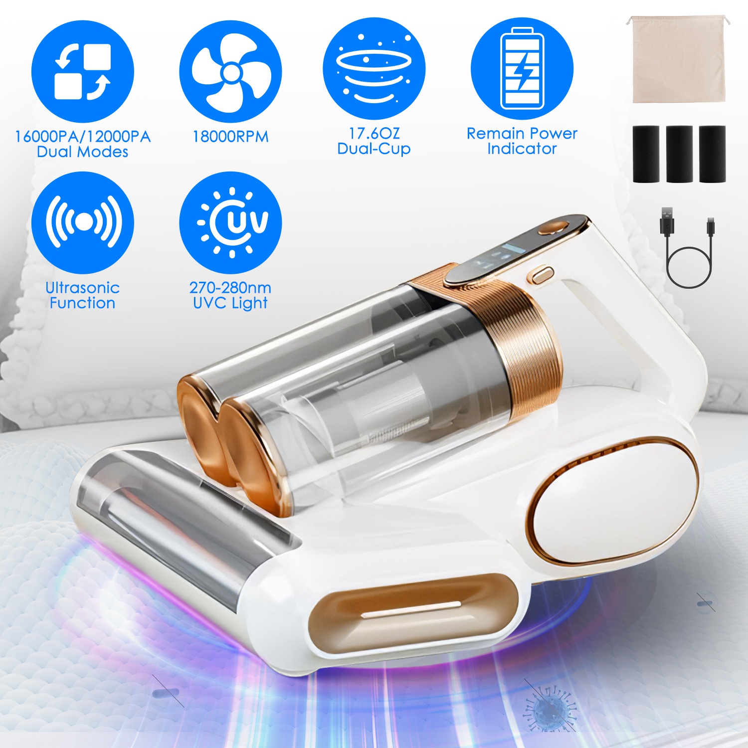 Mattress Vacuum Cleaner 16Kpa Bed Vacuum Cleaner Handheld Vacuums with Ultrasonic & UVC Light 18000 RPM Brushroll Rotation Dual Dust Bins Washable Fil - Image 5