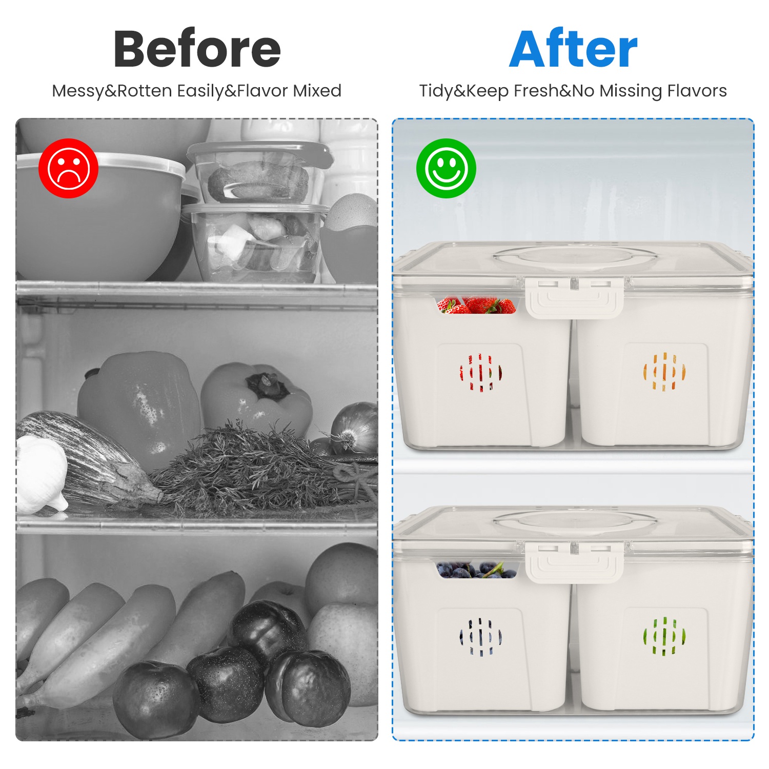 2Pack Airtight Fruit Storage Containers 4-Compartment Food Storage Containers Fruit Vegetable Organizers with 8 Removable Colanders for Fridge Picnic - Image 10