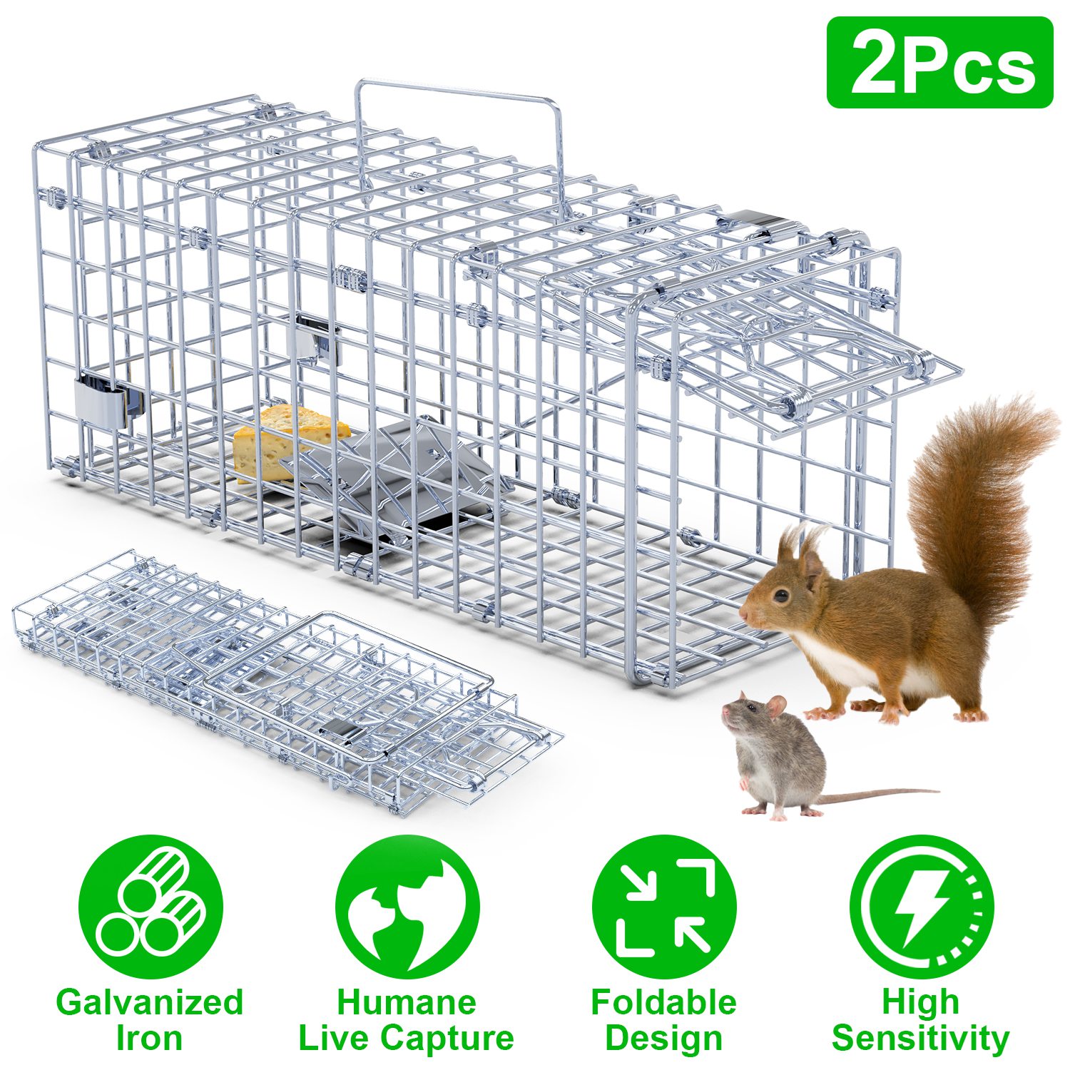 2Pcs Foldable Rat Trap Cage Humane Live Rodent Trap Cage Galvanized Iron Mice Mouse Control Bait Catch with Detachable L Shaped Rod For Kitchen Garden - Image 2