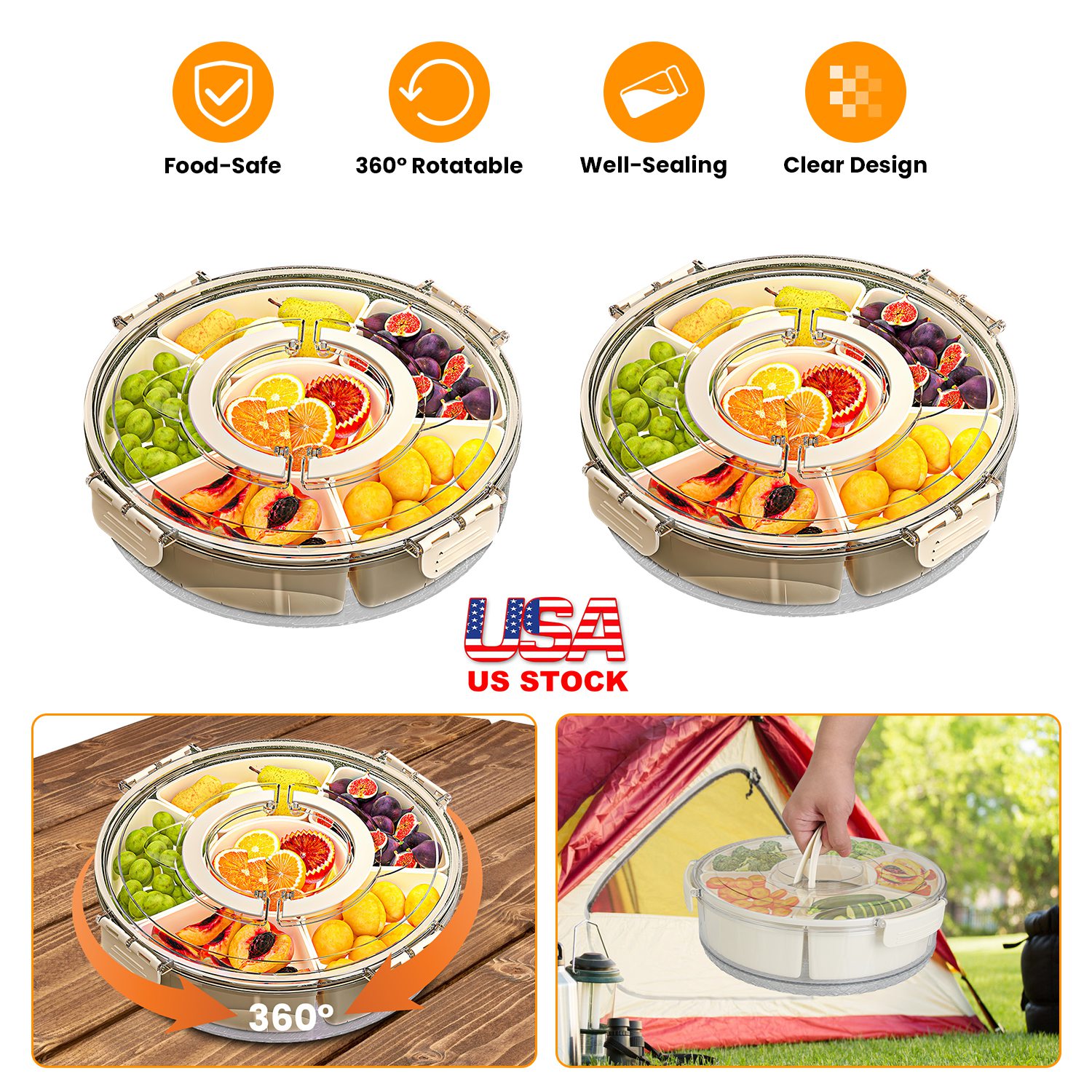 2Pcs Divided Serving Tray with Lid and Handle 360° Rotatable Snack Box Container with 6 Dividers Clear Portable Snack Platters for Fruit Candy Nut Sna - Image 10