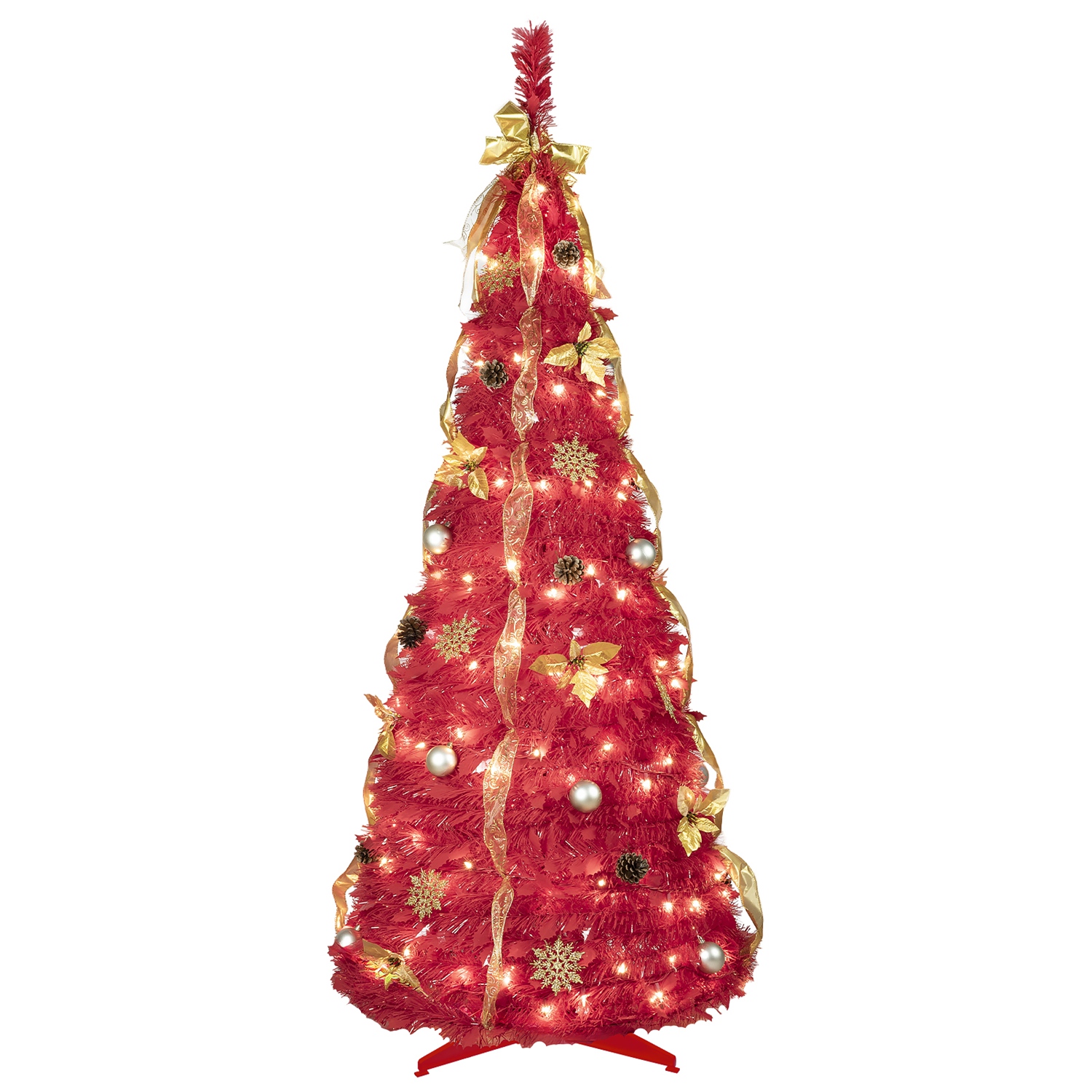 6FT Red Pre-Lit Pop-Up Christmas Tree with 150 Warm White LED Ribbons Bow Flowers Snowflakes Pine Cones Red Ornaments Collapsible Artificial Christmas - Image 7