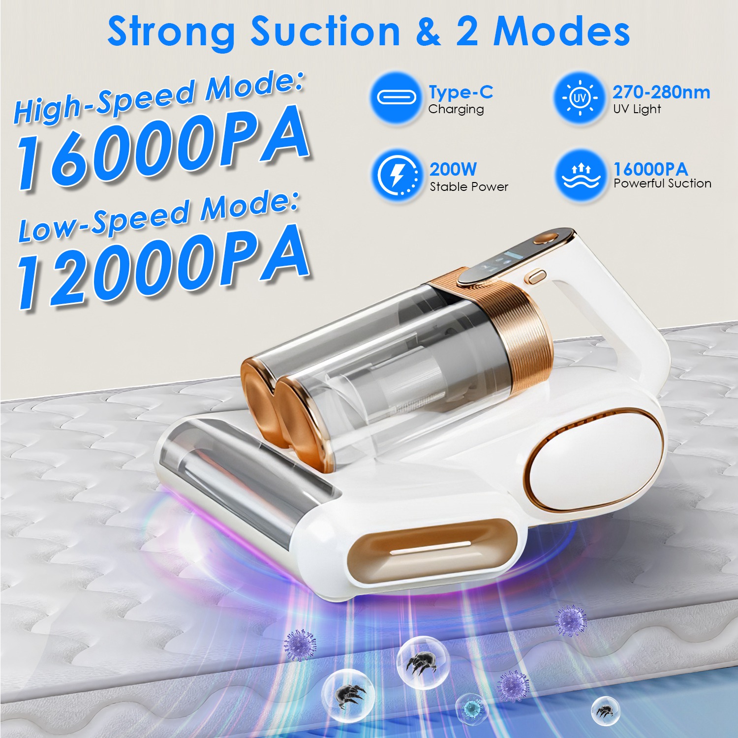 Mattress Vacuum Cleaner 16Kpa Bed Vacuum Cleaner Handheld Vacuums with Ultrasonic & UVC Light 18000 RPM Brushroll Rotation Dual Dust Bins Washable Fil - Image 10