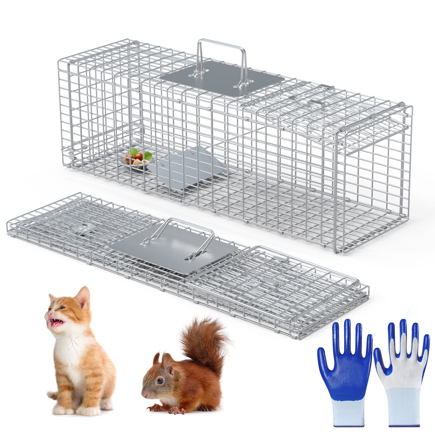 Live Animal Trap Cage 27x7.5x8in Folding Catch and Release Steel Humane Cat Trap for Racoons Stray Cats Rabbits Beavers Hedgehogs Chipmunk Small Anima - Image 2