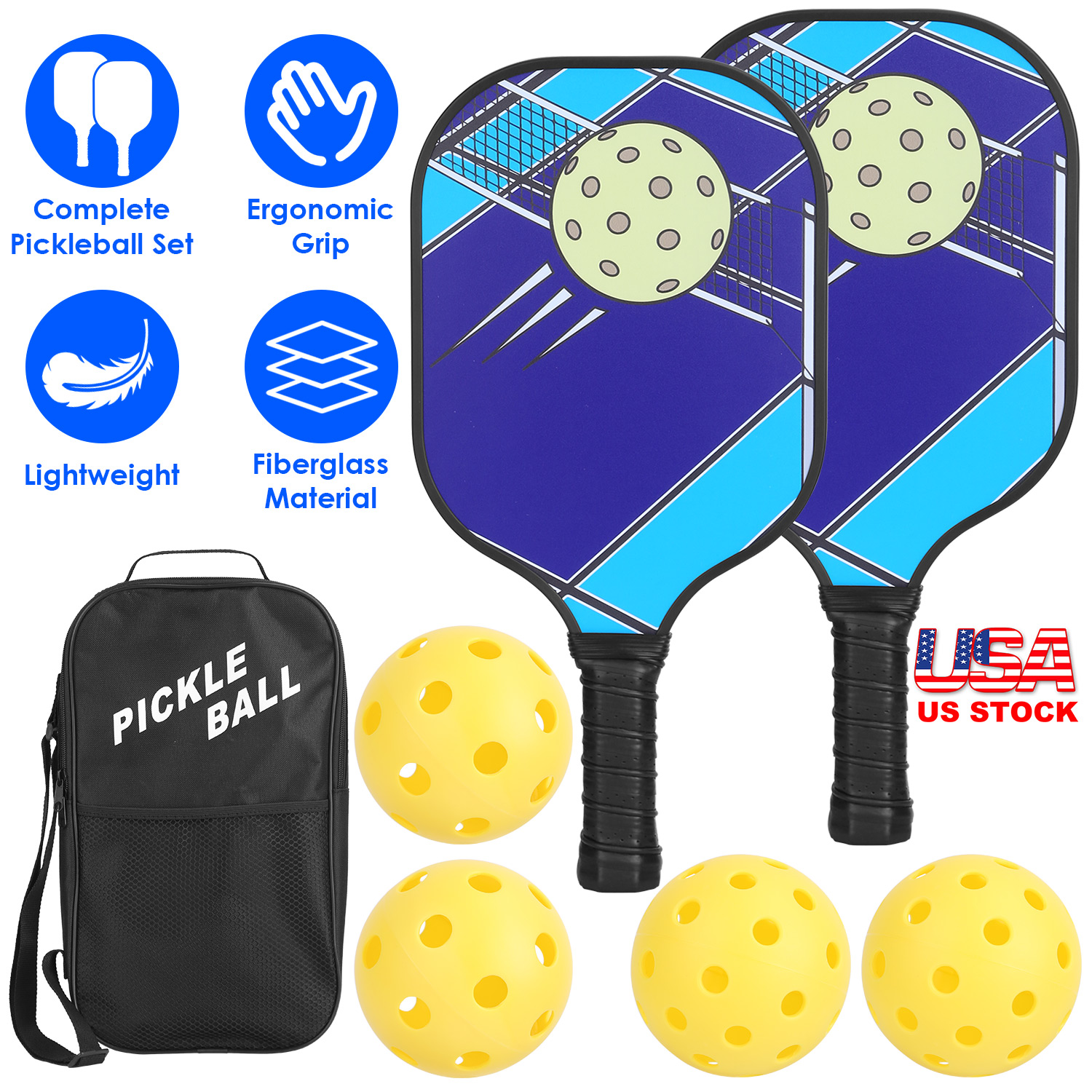 Pickleball Set 2 Fiberglass Paddles 4 Outdoor Indoor Balls Portable Carry Bag 2 Cooling Towel Lightweight Ergonomic Grip for Beginners Pros - Image 5
