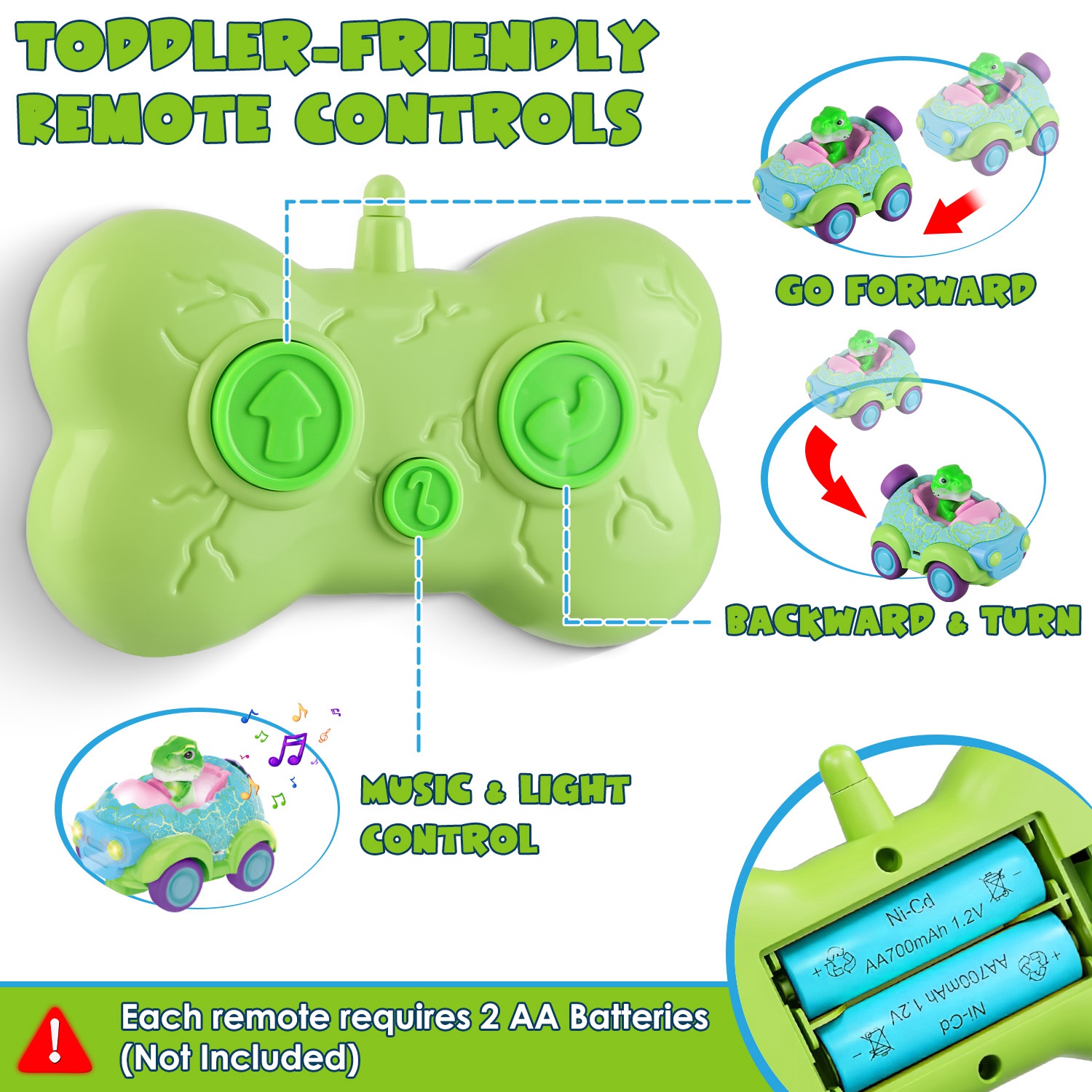 2Pack Dinosaur Remote Control Cars for Toddlers Rechargeable RC Cars with Light Music Birthday Gift For Boys Girls Aged 3 4 5 6 Years Old - Image 8