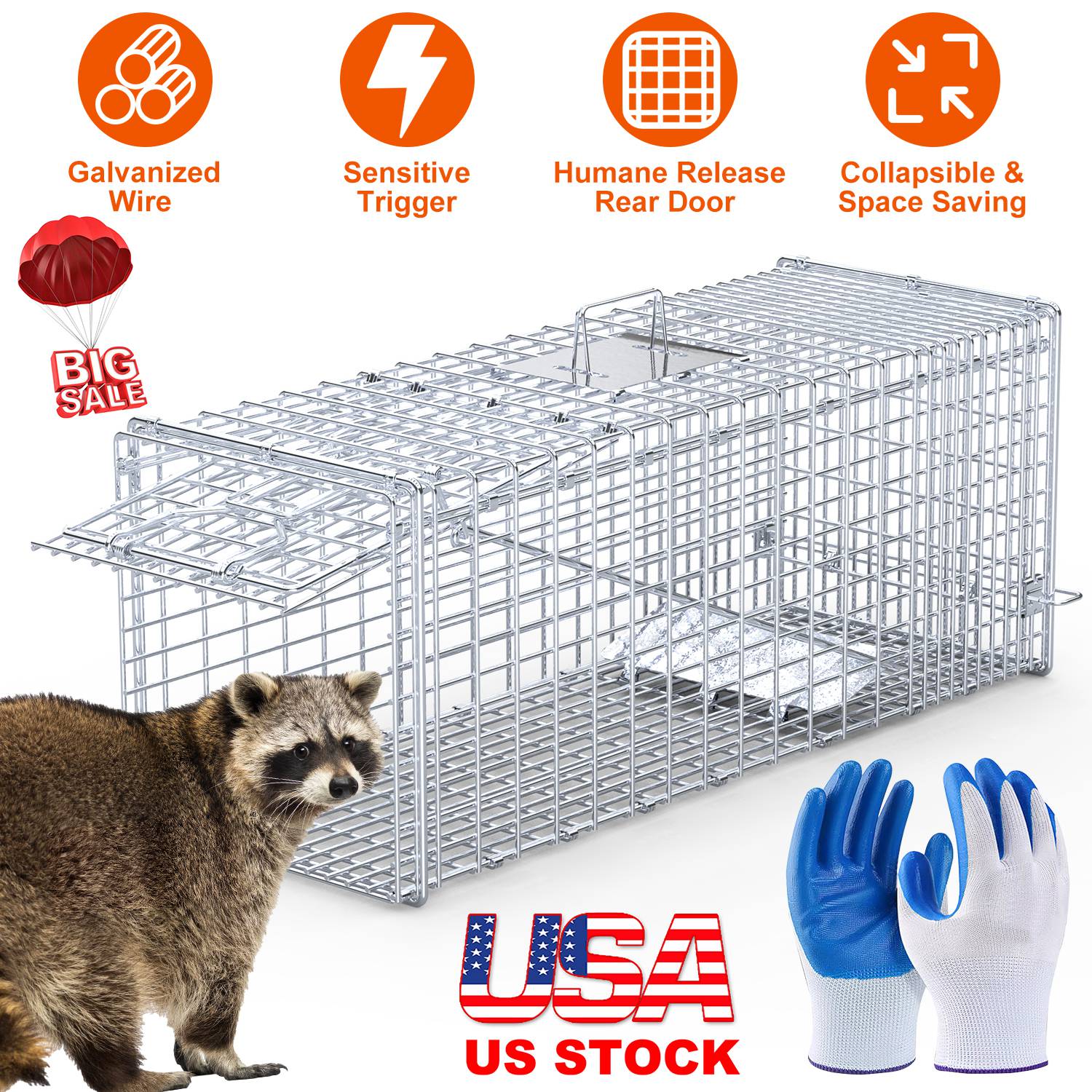 Live Animal Trap Cage 37x14x15in Folding Catch and Release Humane Cat Trap Galvanized Iron for Raccoons Foxes Coyotes Stray Dogs Armadillos Squirrels - Image 3