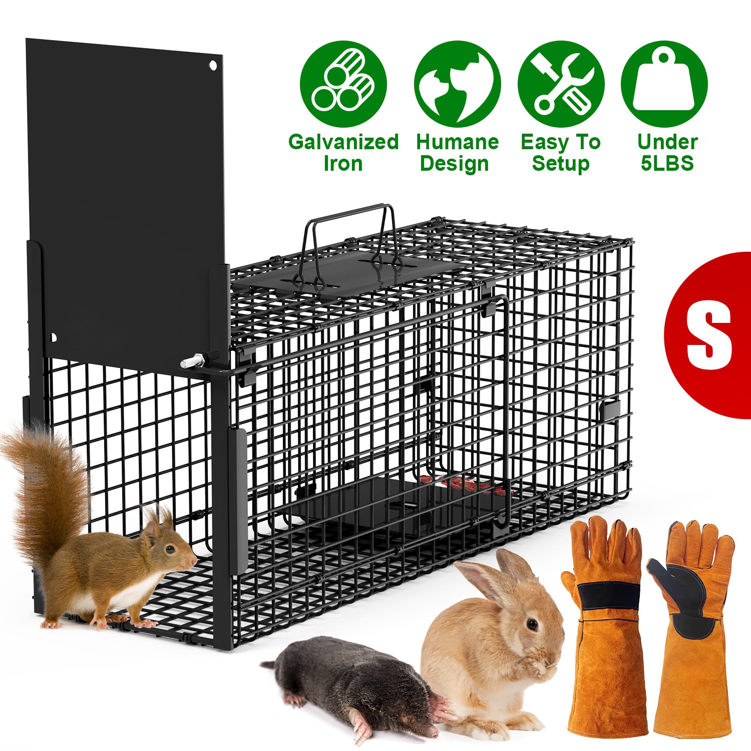 26in Single Door Live Animal Cage Trap For Animals Under 5LBS Easy To Setup Humane Galvanized Iron Trap Cage For Small Cats Rabbits Squirrels Moles Ch - Image 2