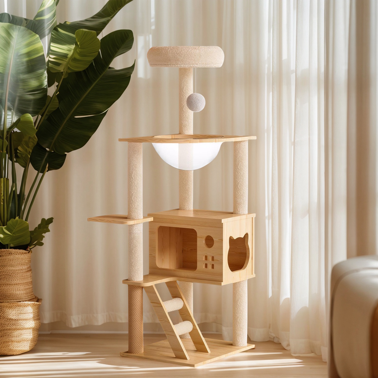 48.4" Modern Wood Cat Tree Tower, Multi-Level Cat Condo with Acrylic Hammock, Sisal Scratching Posts & Top Perch, Cat Tower for Indoor Cats - Image 2