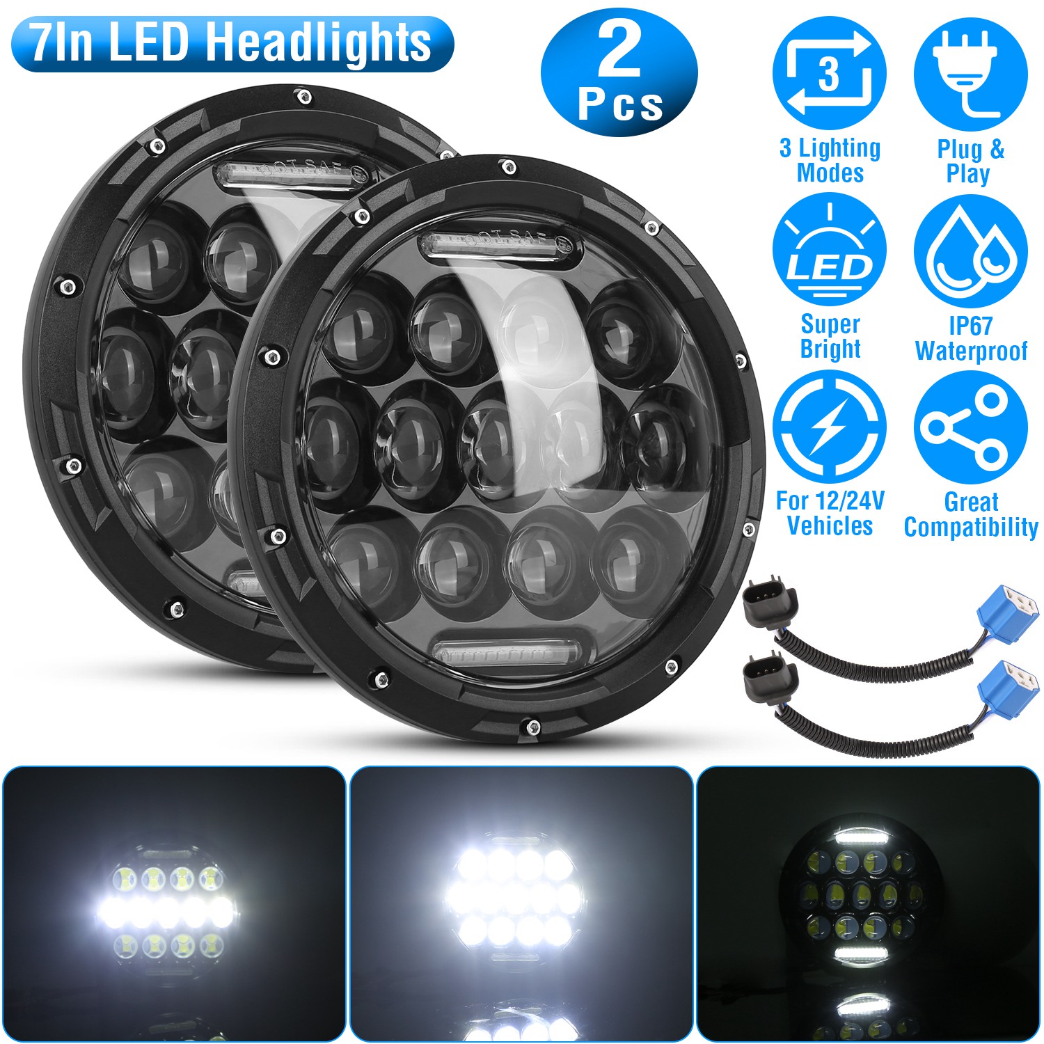 2Pcs 7In 75W Round LED Headlight 3800LM Halo Car Headlamp with DRL High Low Beam for Jeep Wrangler TJ JK CJ with H4 to H13 Adapters Plug and Play - Image 6