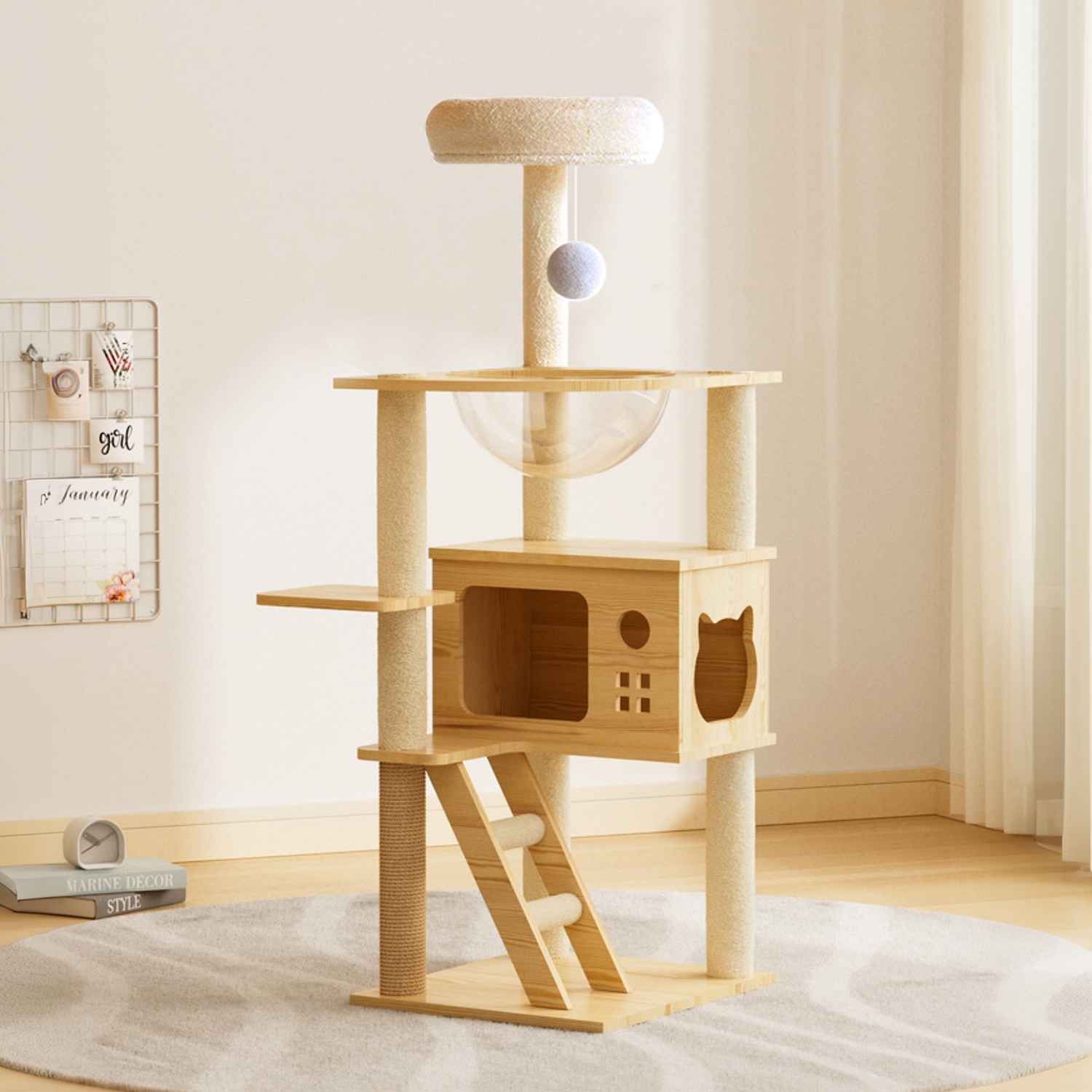 48.4" Modern Wood Cat Tree Tower, Multi-Level Cat Condo with Acrylic Hammock, Sisal Scratching Posts & Top Perch, Cat Tower for Indoor Cats - Image 6