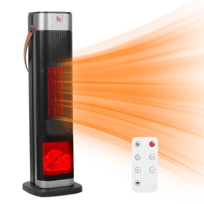 1500W Oscillating Ceramic Tower Space Heater with 3D Flame Portable Electric Heater with 3 Wind Modes 59-104℉Heating Remote Control 12H Timer Overheat
