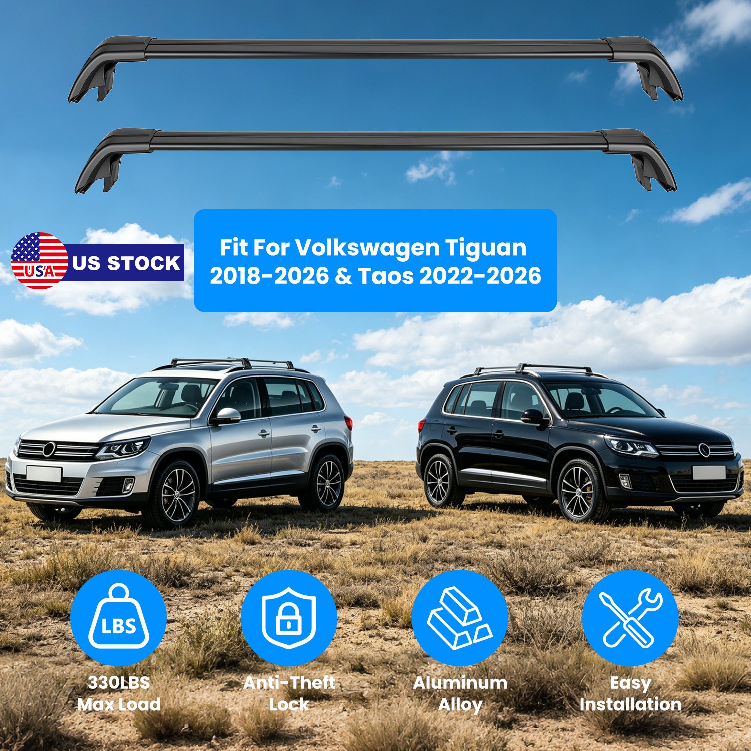 Roof Rack Cross Bars Fit for Volkswagen Tiguan 2018-2026 & Taos 2022-2026 with Factory Raised Side Rails Lockable Aluminum Roof Cargo Carrier Bars 330 - Image 9