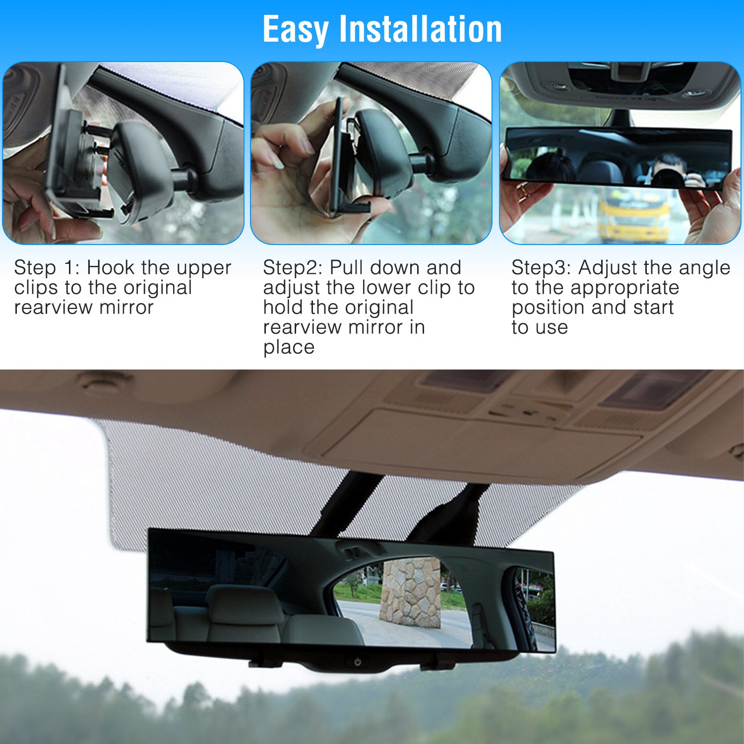 Car Rearview Mirror 11.4in Interior Clip-on Curve Convex Panoramic Anti-glare Rear View Mirrors with Wide Viewing Range for Cars SUVs Trucks Vehicles - Image 7