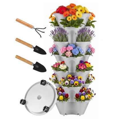 7 Tier Stackable Vertical Planter with Wheels Strawberry Planter Tower Space Saving Garden Planter with Drainage System Rolling Herb Flower Vegetable