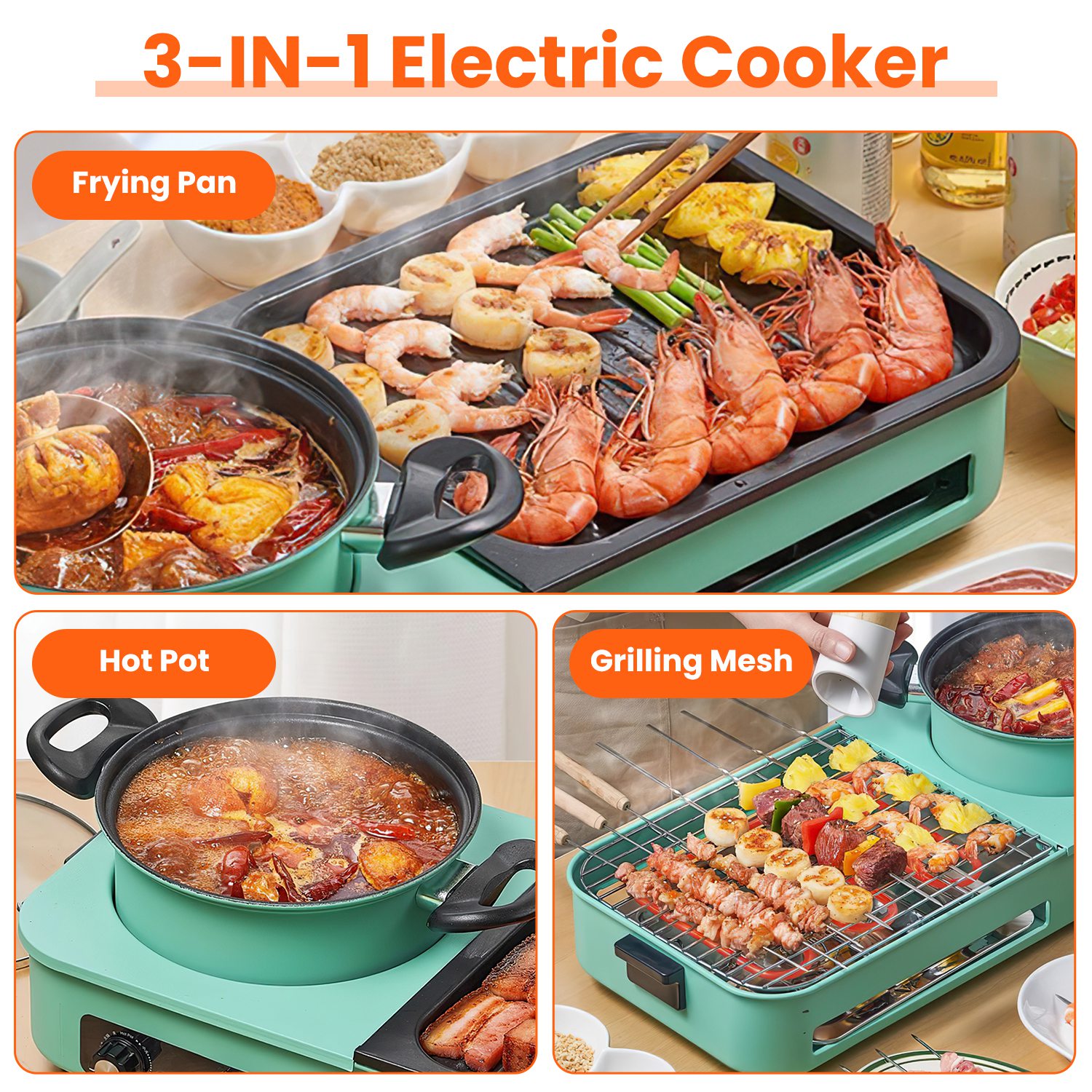 3 in 1 Electric Hot Pot with Grill 1600W Smokeless Non-Stick Korean BBQ Grill Shabu Shabu Hot Pot Combo with Independent Temperature Control for 3-5 P - Image 7