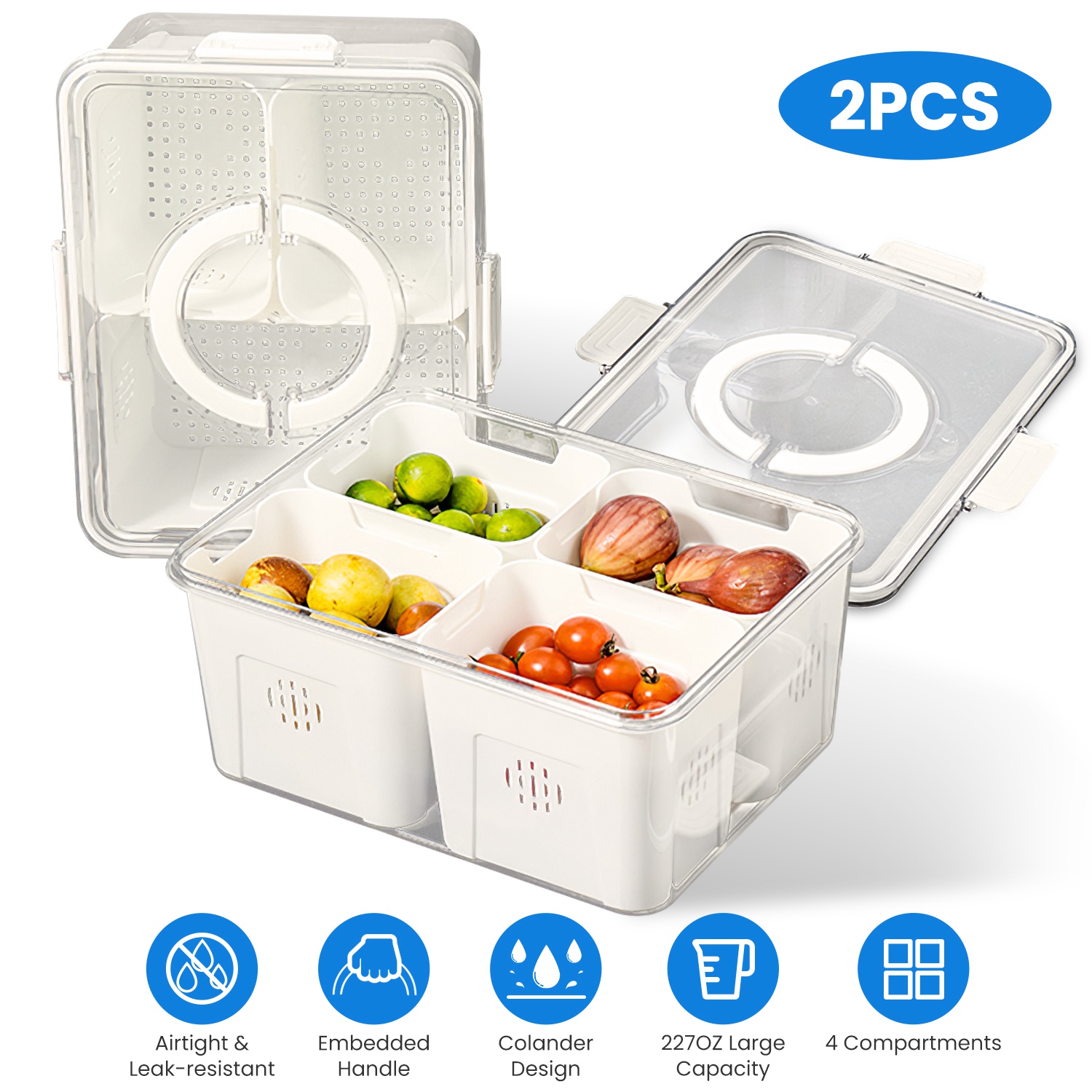 2Pack Airtight Fruit Storage Containers 4-Compartment Food Storage Containers Fruit Vegetable Organizers with 8 Removable Colanders for Fridge Picnic - Image 4