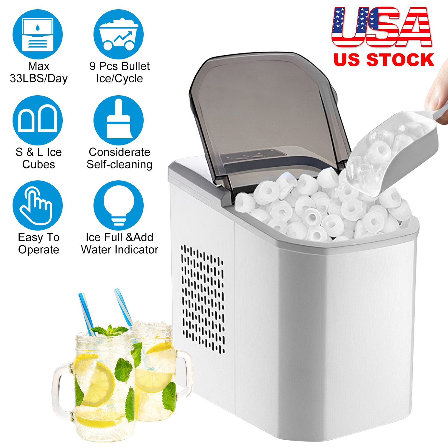 Electric Countertop Ice Maker with Ice Scoop Basket Self-cleaning Max 33LBS/24Hrs Ice Making Machine Bullet Ice Machine for Home Kitchen Office Party - Image 5