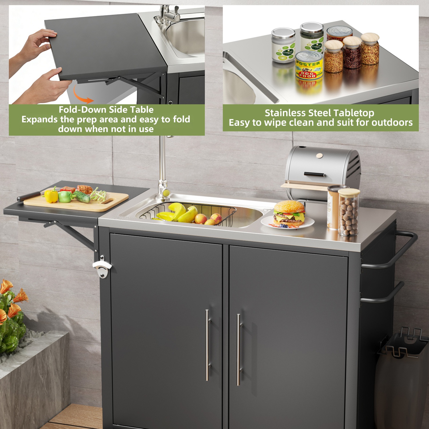 Outdoor Grill Cart with Storage Outdoor Grill Table with Sink Wheels Fold-Down Side Table for Patio Backyard BBQ - Image 10