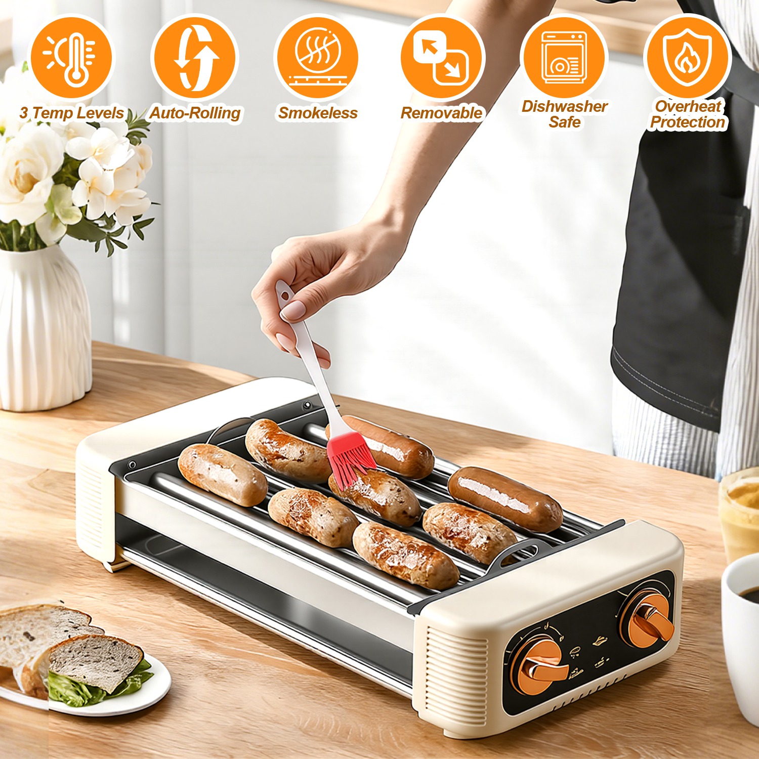 3 In 1 Electric Hot Dog Roller Machine with Grill & Griddle 6-Roller Hot Dog Cooker Smokeless Non-Stick Indoor Outdoor with 3 Temp Levels for BBQ Saus - Image 4
