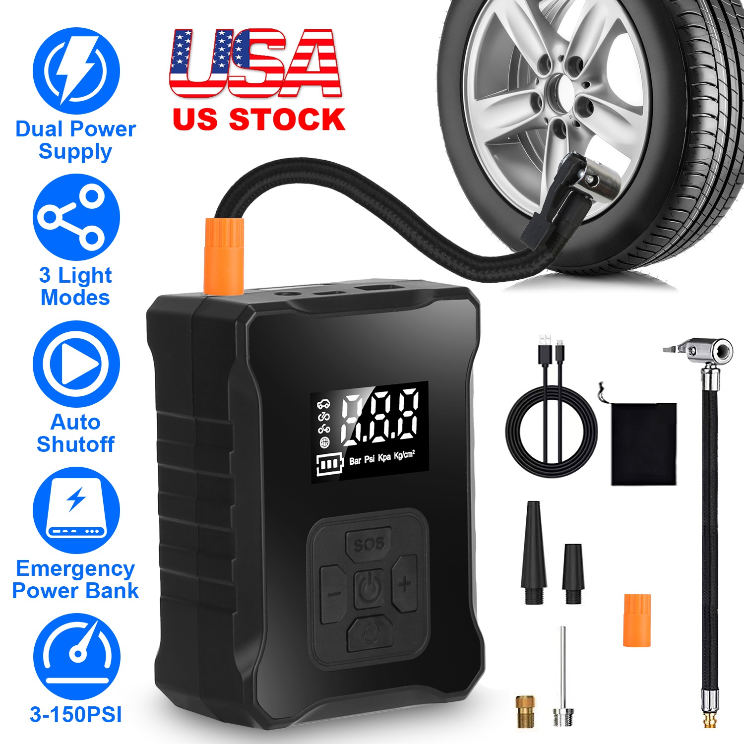 150PSI Cordless Tire Inflator Digital Air Compressor with LED Light Emergency Power Bank for Cars Motorcycles Bicycles Balls - Image 4