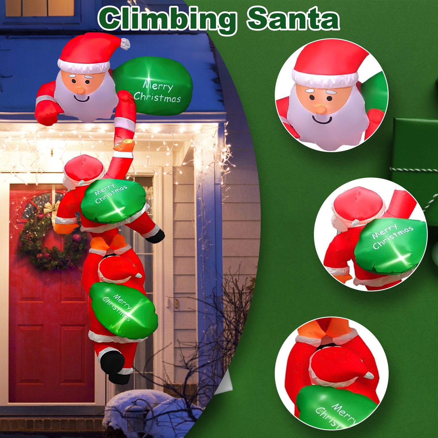 8FT Climbing Inflatable Santa Claus with Light Hanging Blow Up Christmas Inflatable Indoor Outdoor Christmas Decorations 3 Santa Claus 3 Merry Christm - Image 9