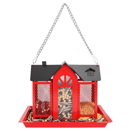 Metal Hanging Bird Feeder House Classic Barn Bird Feeder House Iron Hanging Outdoor Feeder with Visible Window and Lift Top Lid 15.75in Hanging Length
