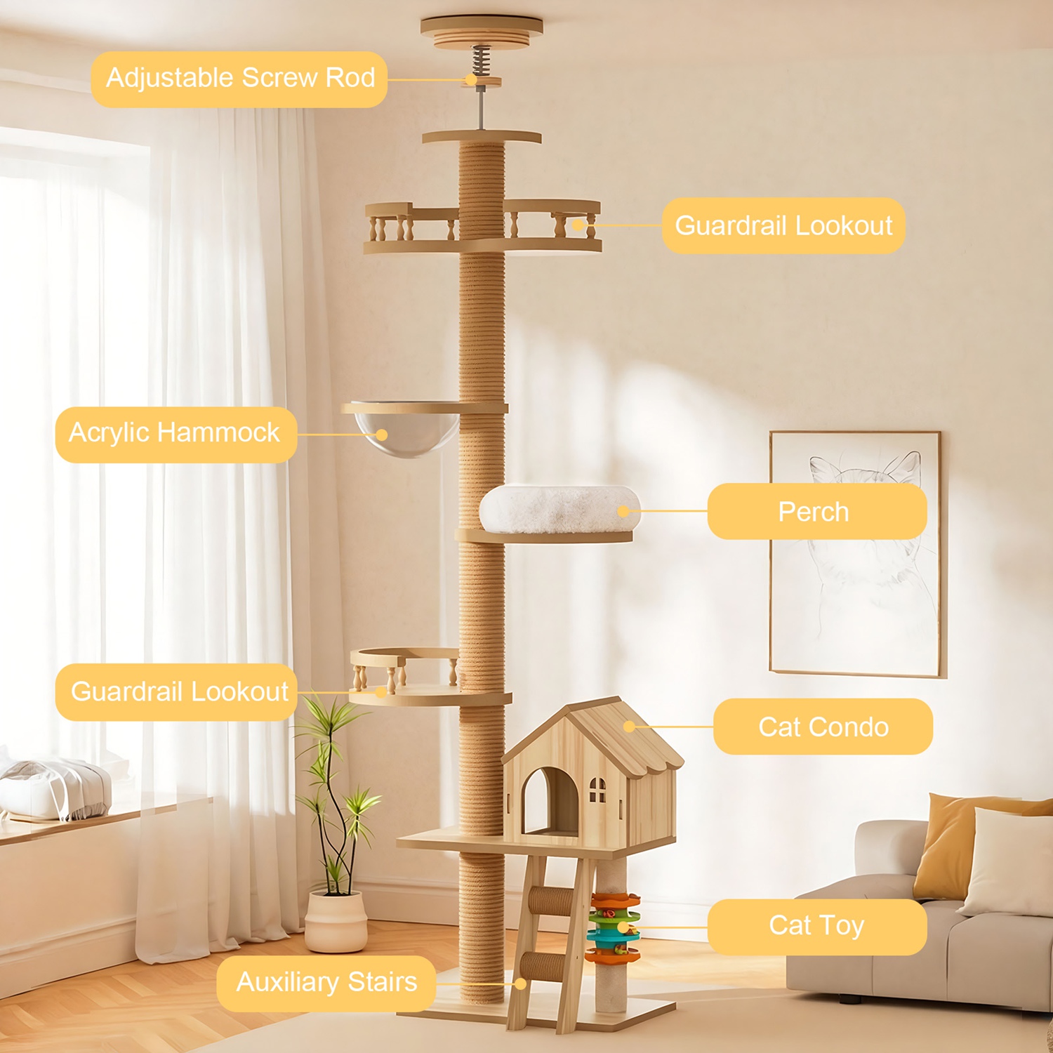 Floor to Ceiling Cat Tree, Adjustable Height Wooden Cat Tower with Cat Condo, Acrylic Hammock, Sisal Scratching Post & Cat Toy, Natural Floor-to-Ceili - Image 4