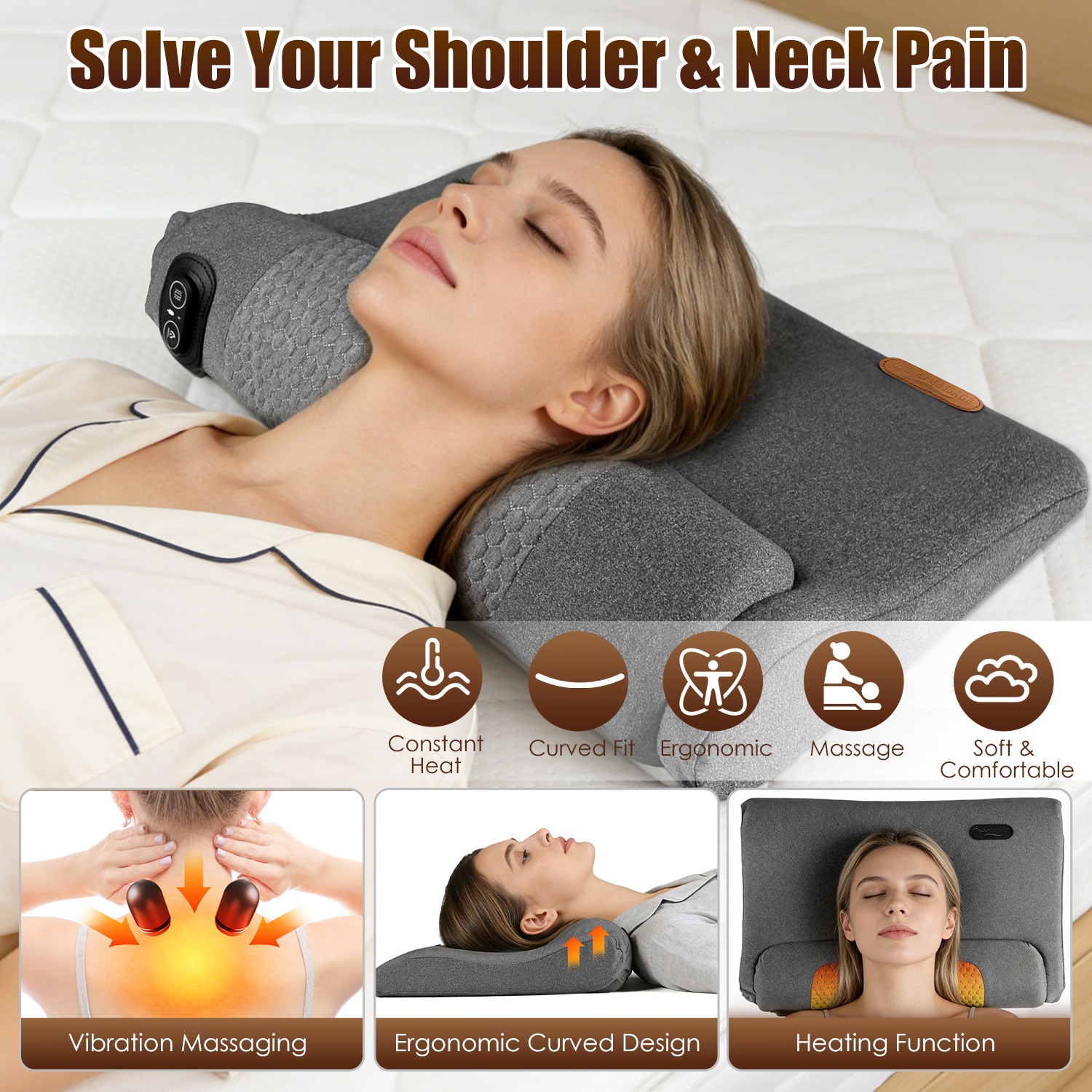Neck Massager Pillow Ergonomic Massager Memory Foam Pillow with 3-Level Heating 3-Intensity Vibration 30Min Timer for Neck Back Shoulder Pain Relief - Image 8