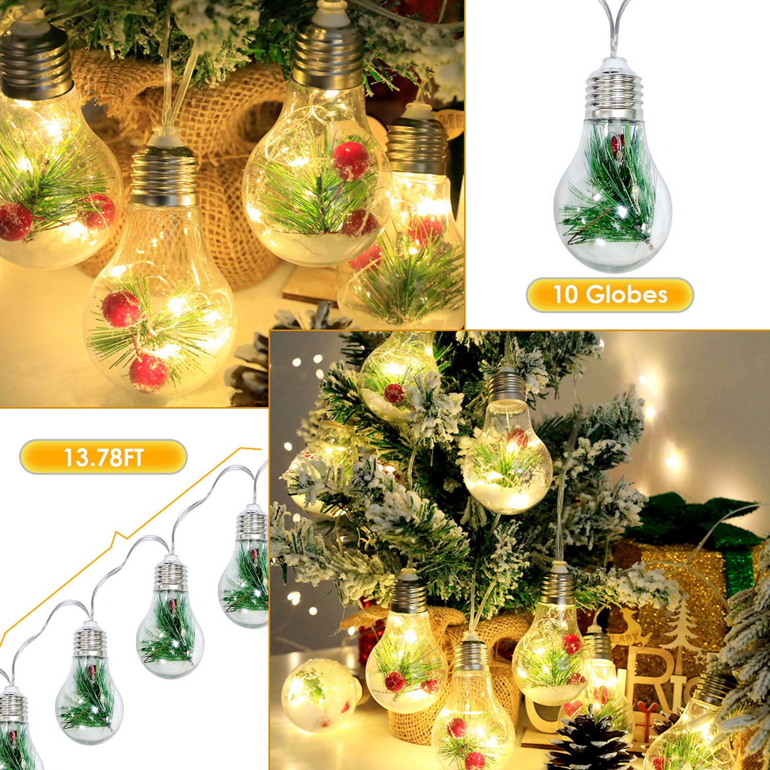 13.78FT Christmas Snow Globe String Light Battery Powered 10 LED Bulbs Indoor Christmas Lights with Pine Needles Snowflakes Berries - Image 7