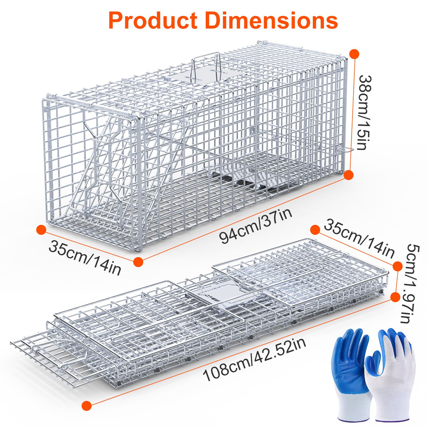 Live Animal Trap Cage 37x14x15in Folding Catch and Release Humane Cat Trap Galvanized Iron for Raccoons Foxes Coyotes Stray Dogs Armadillos Squirrels - Image 6