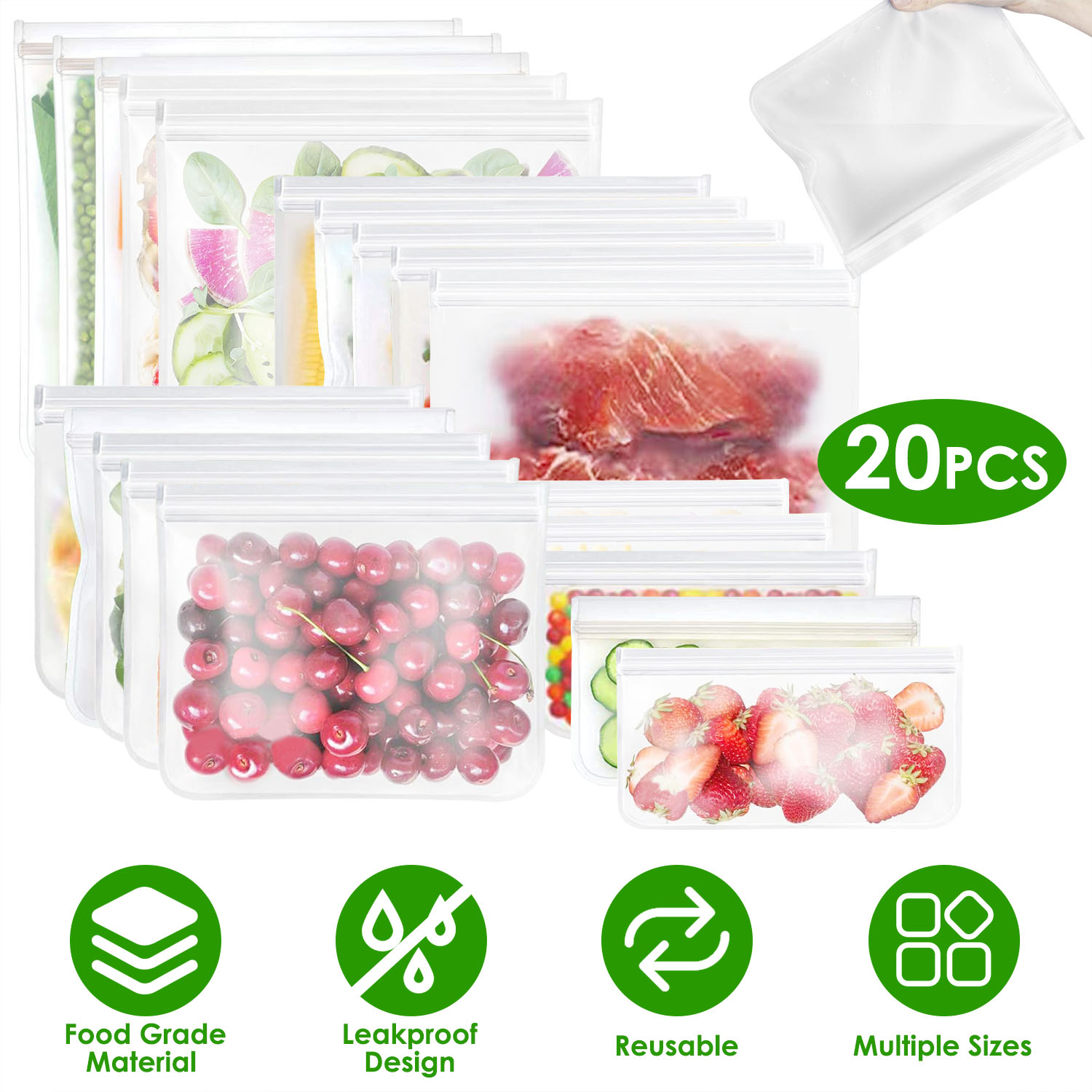 20Pcs Reusable Food Storage Bags 5 Sandwich Snack Gallon Quart Bag Leakproof BPA Free Food Container Freezer Safe Lunch Bag - Image 3