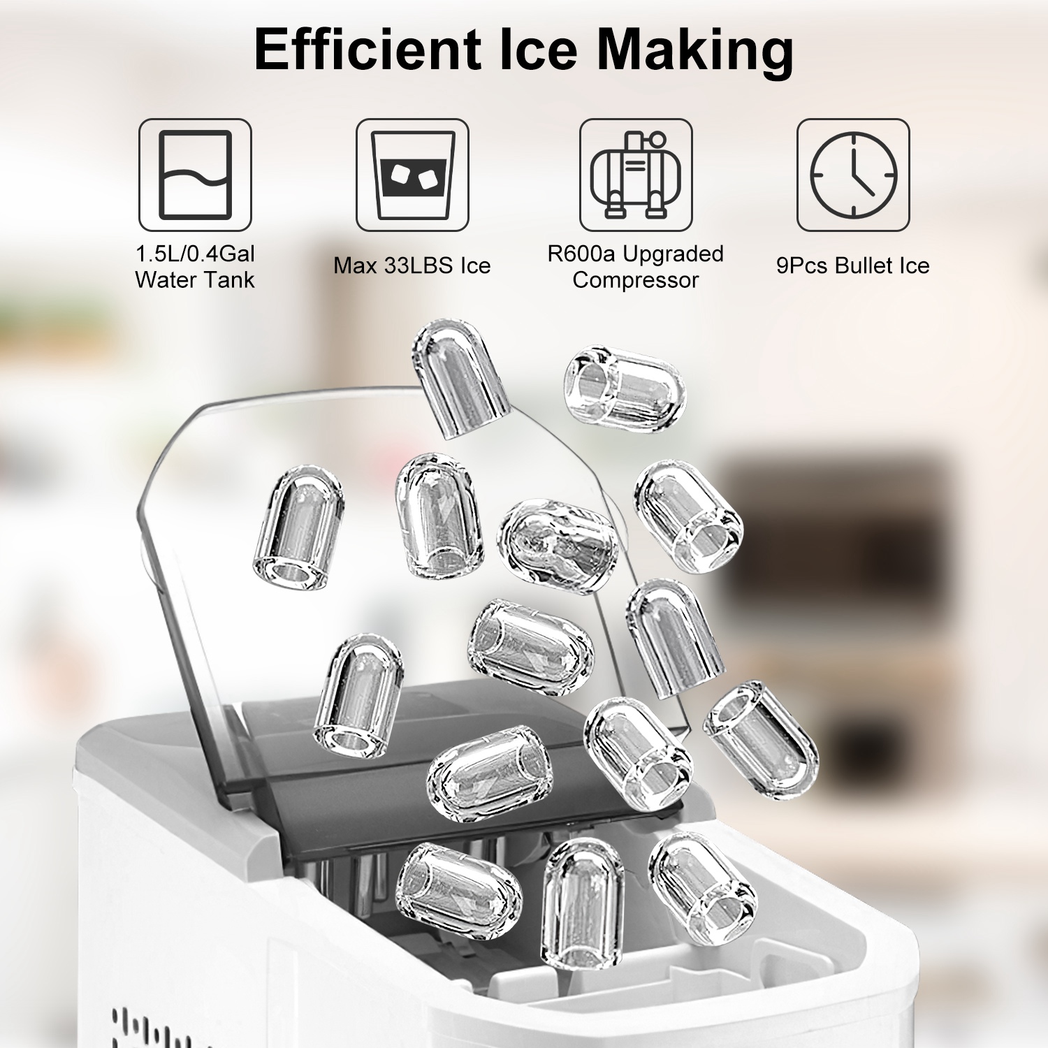 Electric Countertop Ice Maker with Ice Scoop Basket Self-cleaning Max 33LBS/24Hrs Ice Making Machine Bullet Ice Machine for Home Kitchen Office Party - Image 8