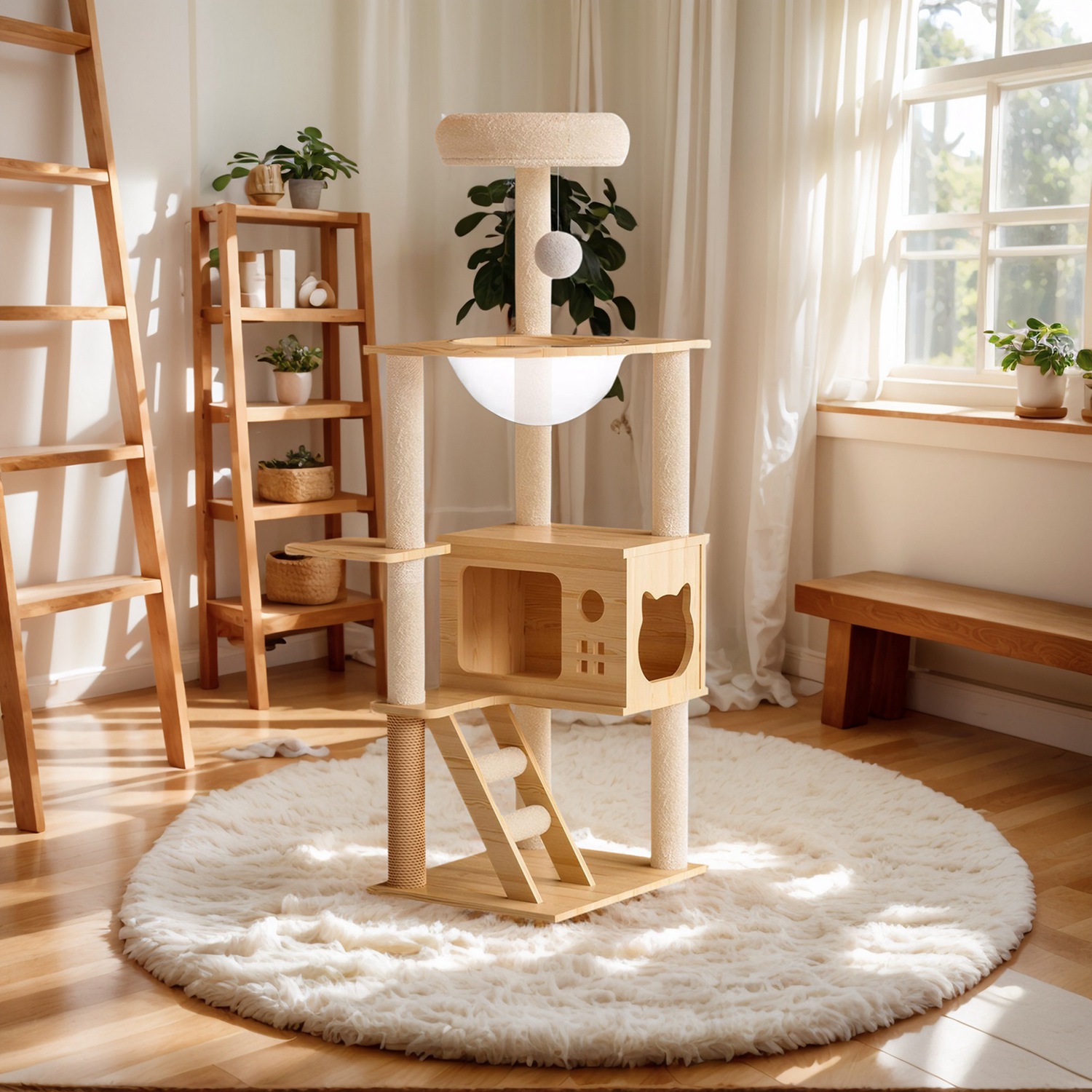 48.4" Modern Wood Cat Tree Tower, Multi-Level Cat Condo with Acrylic Hammock, Sisal Scratching Posts & Top Perch, Cat Tower for Indoor Cats - Image 7