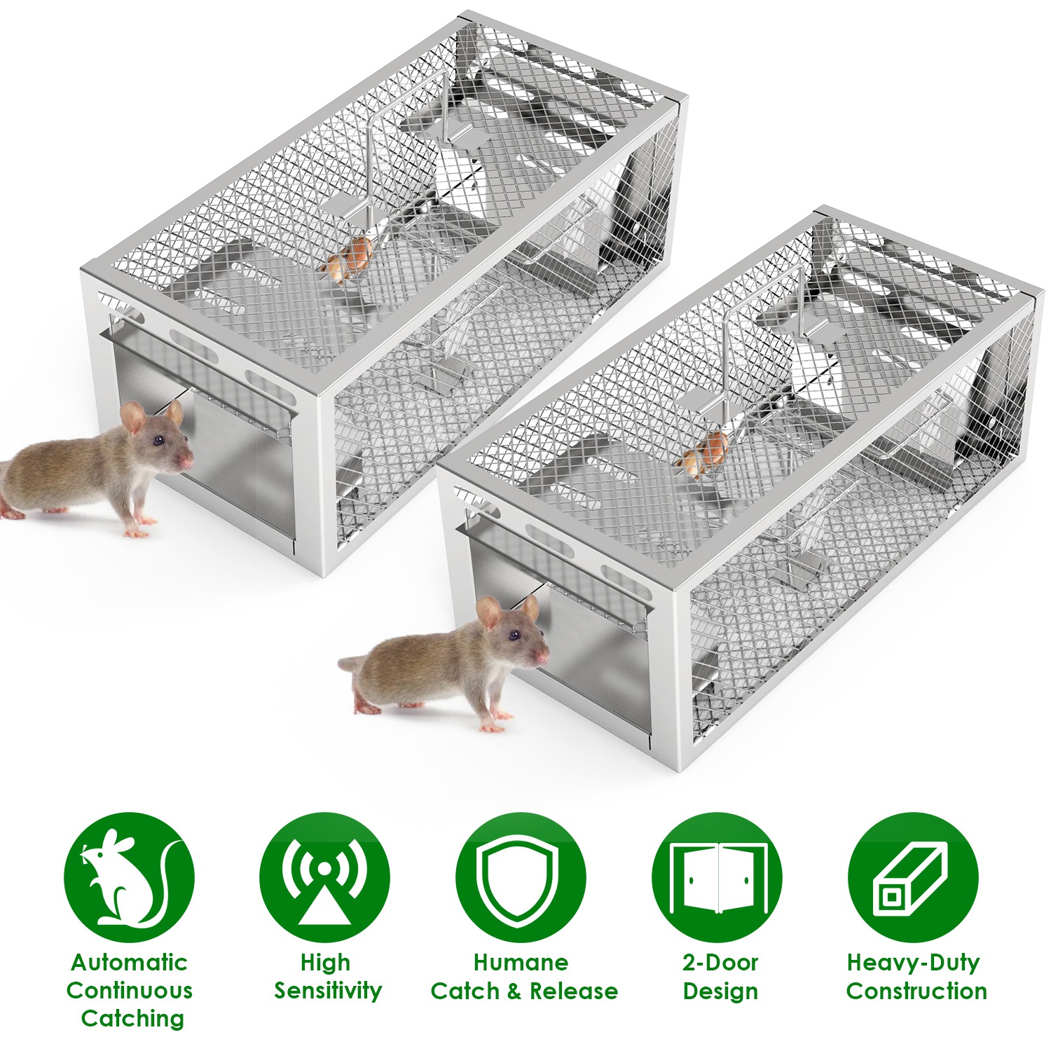 2Pack 11.81x5.63x4.45In 2-Door Humane Rat Trap Automatic Continuous Mouse Trap Reusable Galvanized Iron Live Animal Cage - Image 8