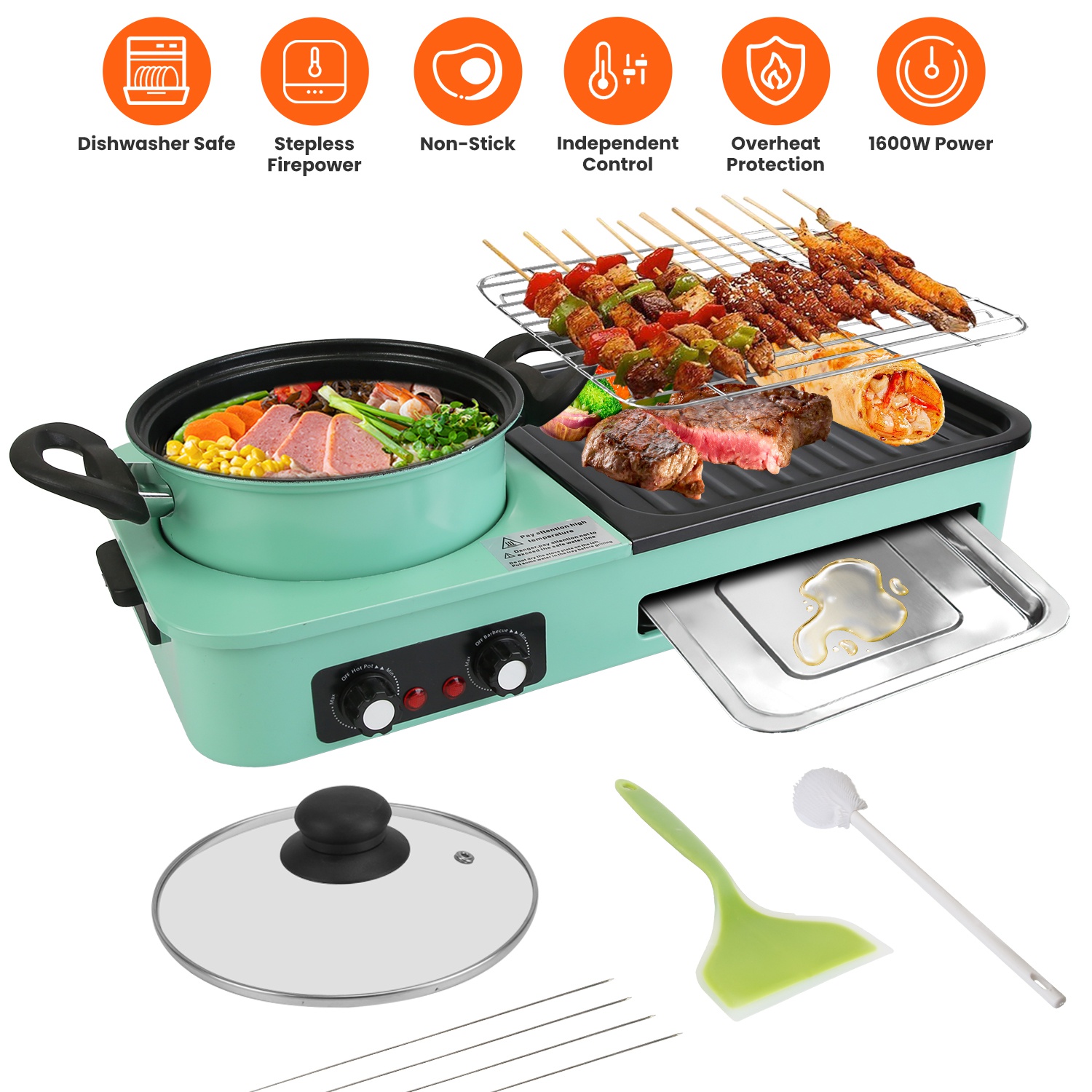 3 in 1 Electric Hot Pot with Grill 1600W Smokeless Non-Stick Korean BBQ Grill Shabu Shabu Hot Pot Combo with Independent Temperature Control for 3-5 P - Image 3