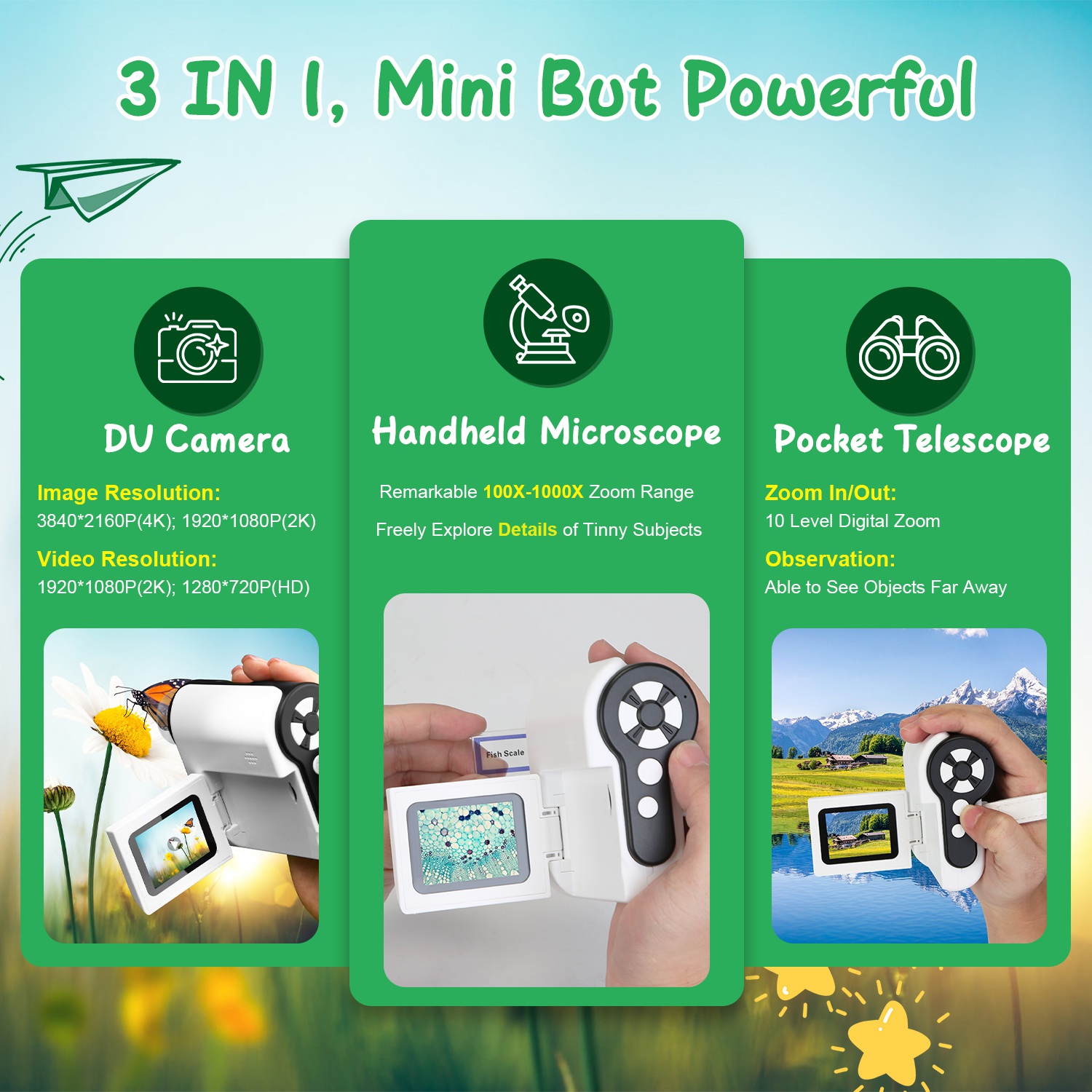 3 In 1 1000X Kids’ Microscope Telescope Camera Handheld USB Mini Microscope with LED Light 6 Sample Slides 32G MMC Card for Boys Girls Aged 6+ Years O - Image 8