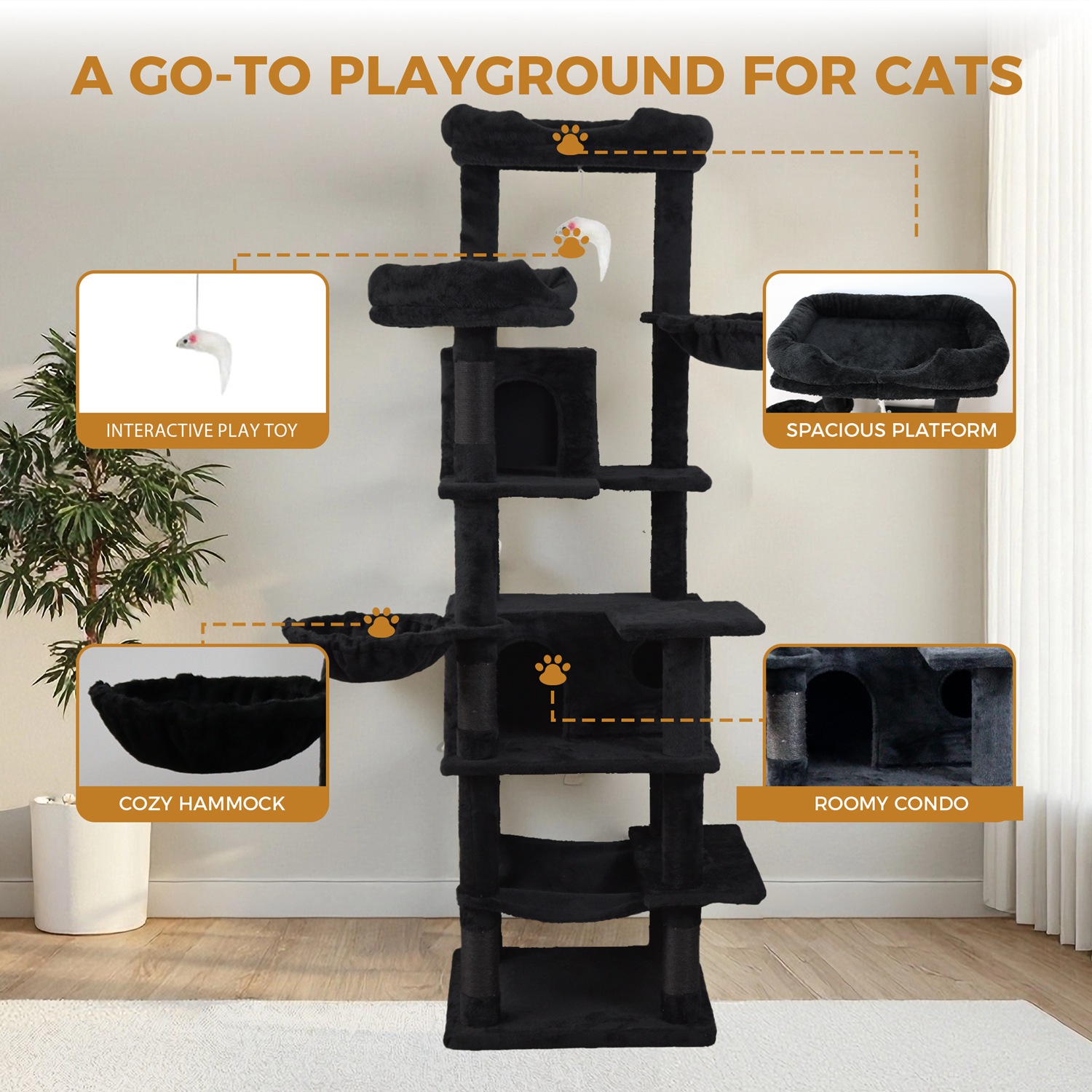 68in Multi-Level Cat Tree Tower with Hammocks, Cat Condo, Hanging Basket, Removable Cushions & Sisal Scratching Posts, Plush Cat Activity Center for I - Image 7