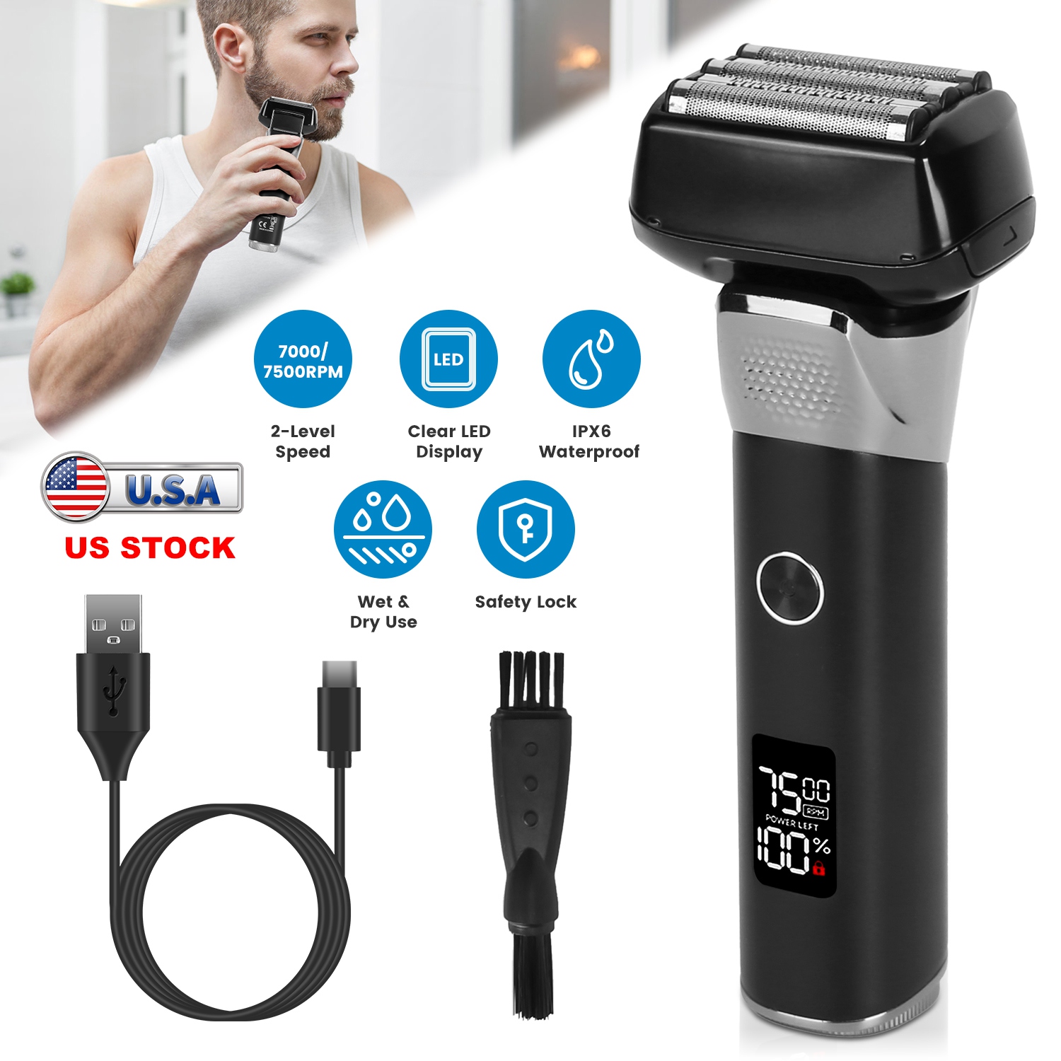 Electric Foil Face Shaver 5-Blade Electric Razor for Men Wet & Dry Jawline Beard Trimmer Precision Sideburn Shavers IPX6 Waterproof with LED Display C - Image 6