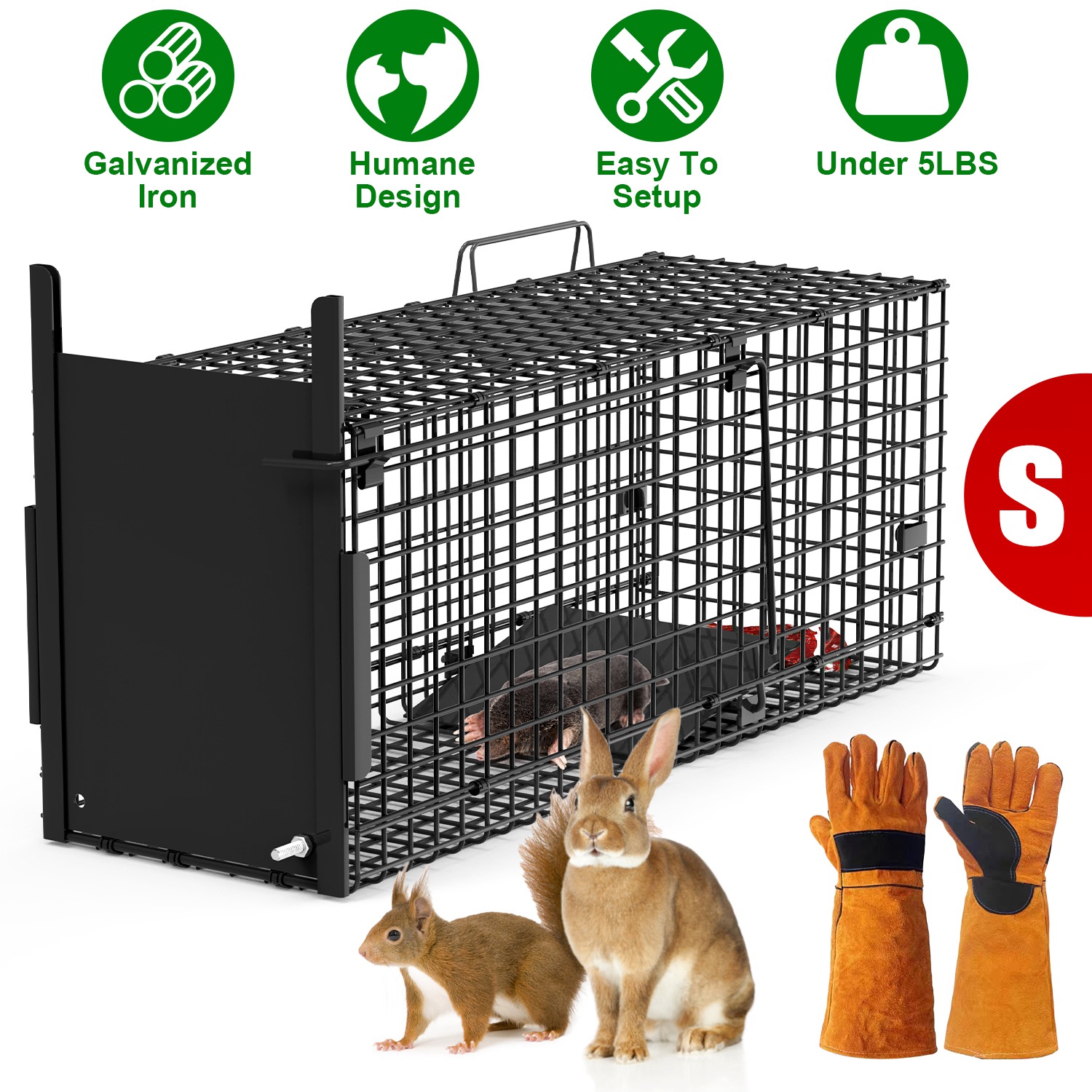 26in Single Door Live Animal Cage Trap For Animals Under 5LBS Easy To Setup Humane Galvanized Iron Trap Cage For Small Cats Rabbits Squirrels Moles Ch - Image 4