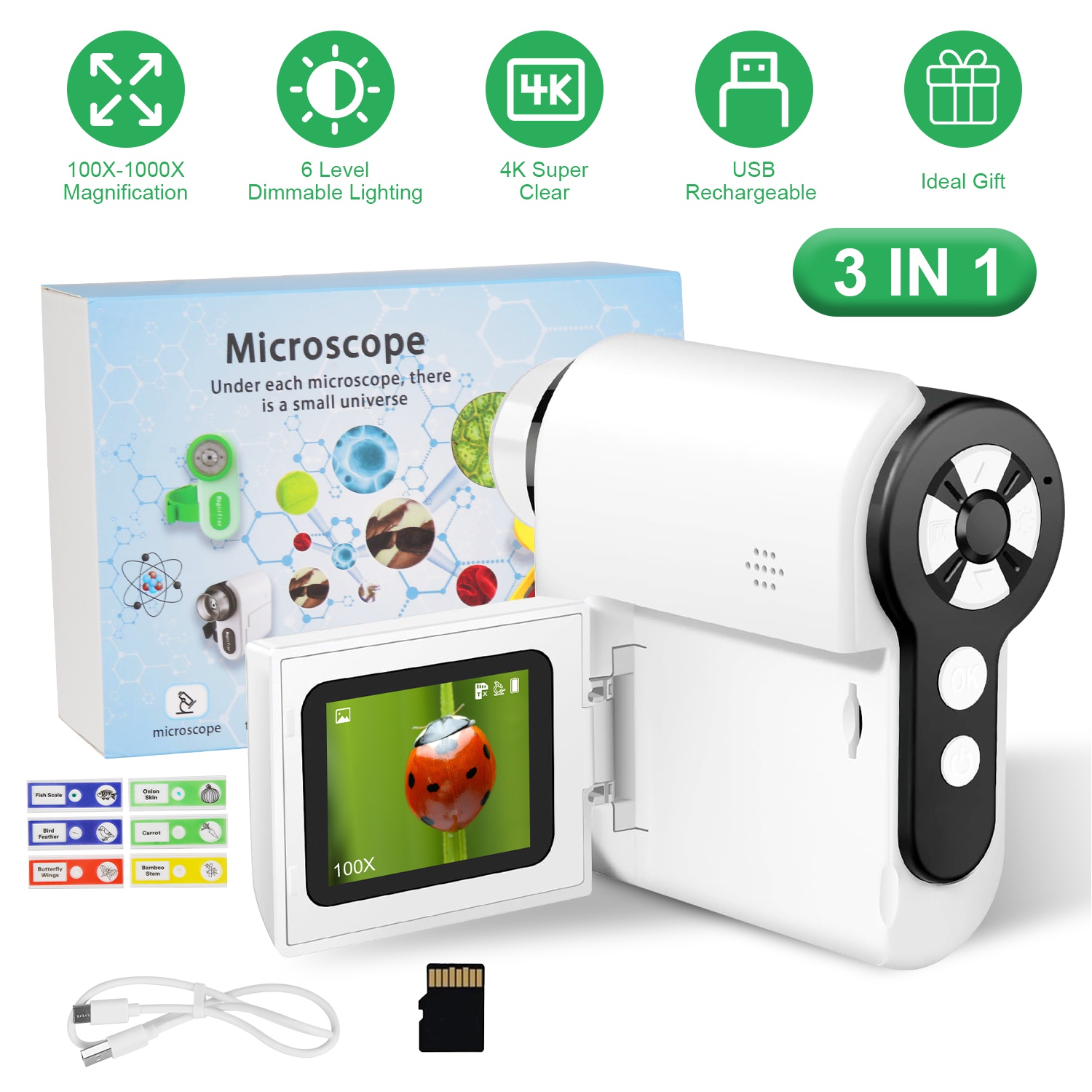 3 In 1 1000X Kids’ Microscope Telescope Camera Handheld USB Mini Microscope with LED Light 6 Sample Slides 32G MMC Card for Boys Girls Aged 6+ Years O - Image 2