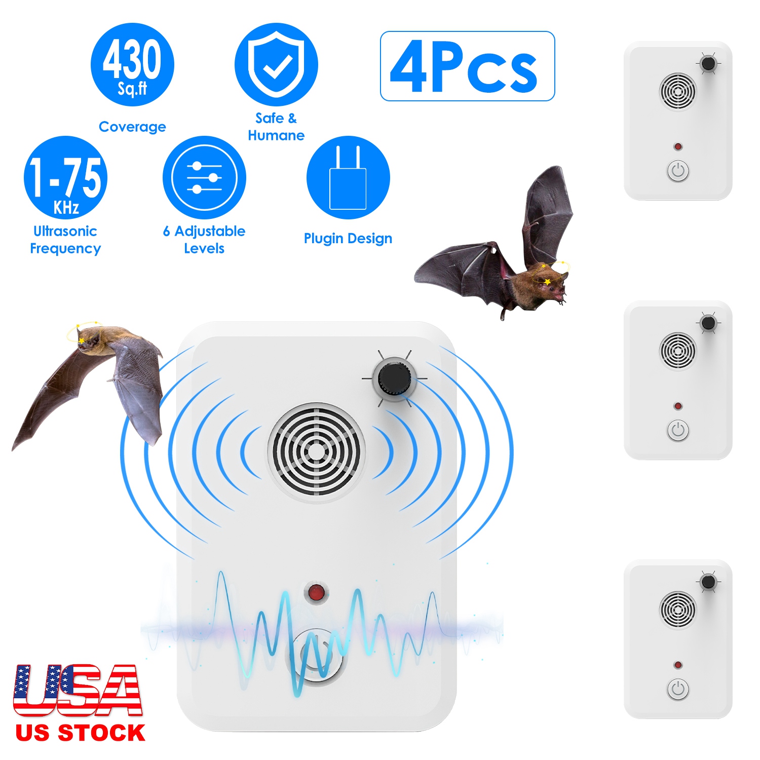 4Pack Plug In Ultrasonic Bat Repellent Indoor Bird Mouse Deterrent Device with 6 Adjustable Levels for Attic Garage Kitchen Warehouse - Image 4