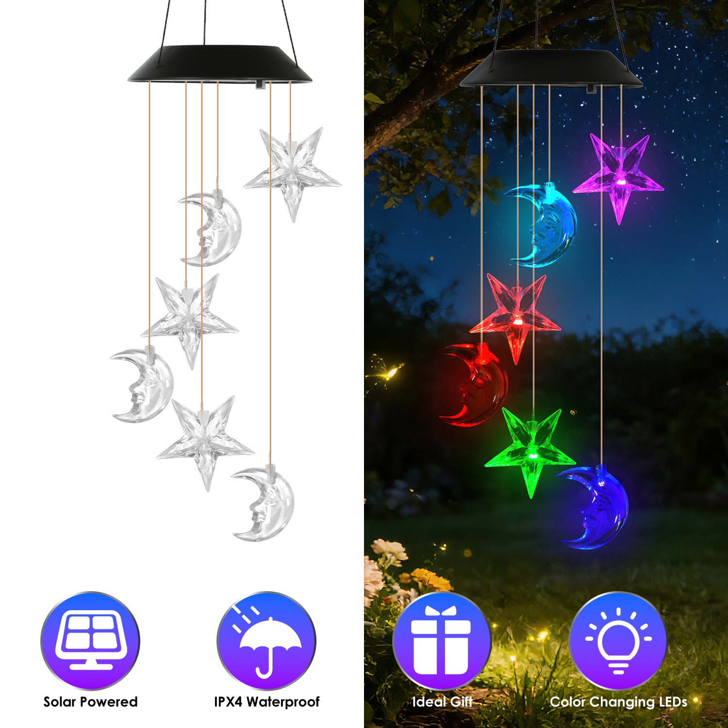2Pack Solar Moon and Star Wind Chimes 7 Color Changing Wind Chimes for Outside IPX4 Waterproof Outdoor Garden Yard Decor - Image 3