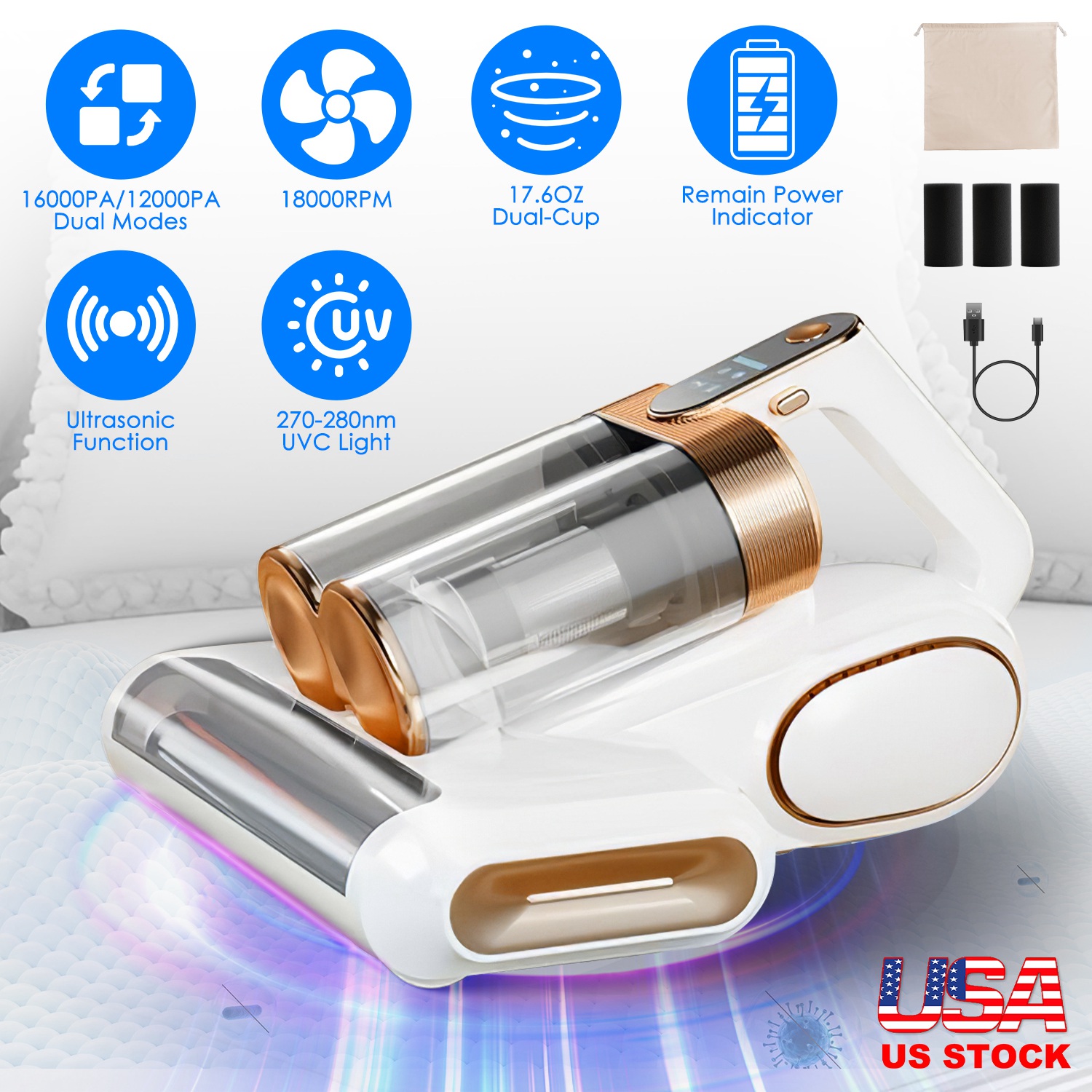 Mattress Vacuum Cleaner 16Kpa Bed Vacuum Cleaner Handheld Vacuums with Ultrasonic & UVC Light 18000 RPM Brushroll Rotation Dual Dust Bins Washable Fil - Image 6